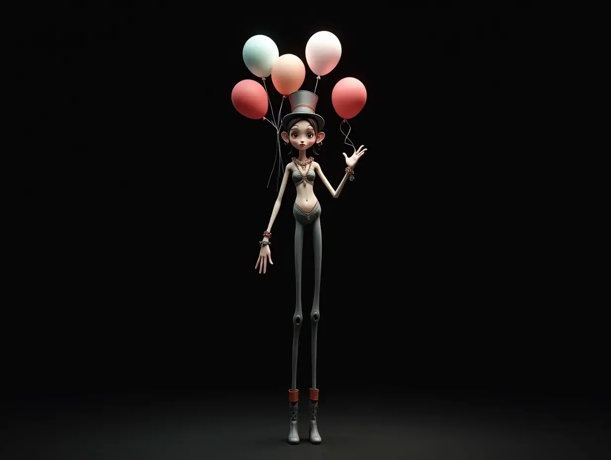 A very long 3-D female figure with very thin legs and very long thin arms with top hat and boots and wearing jewelry.and has several balloons in her hand 4K resolution Colorful black background