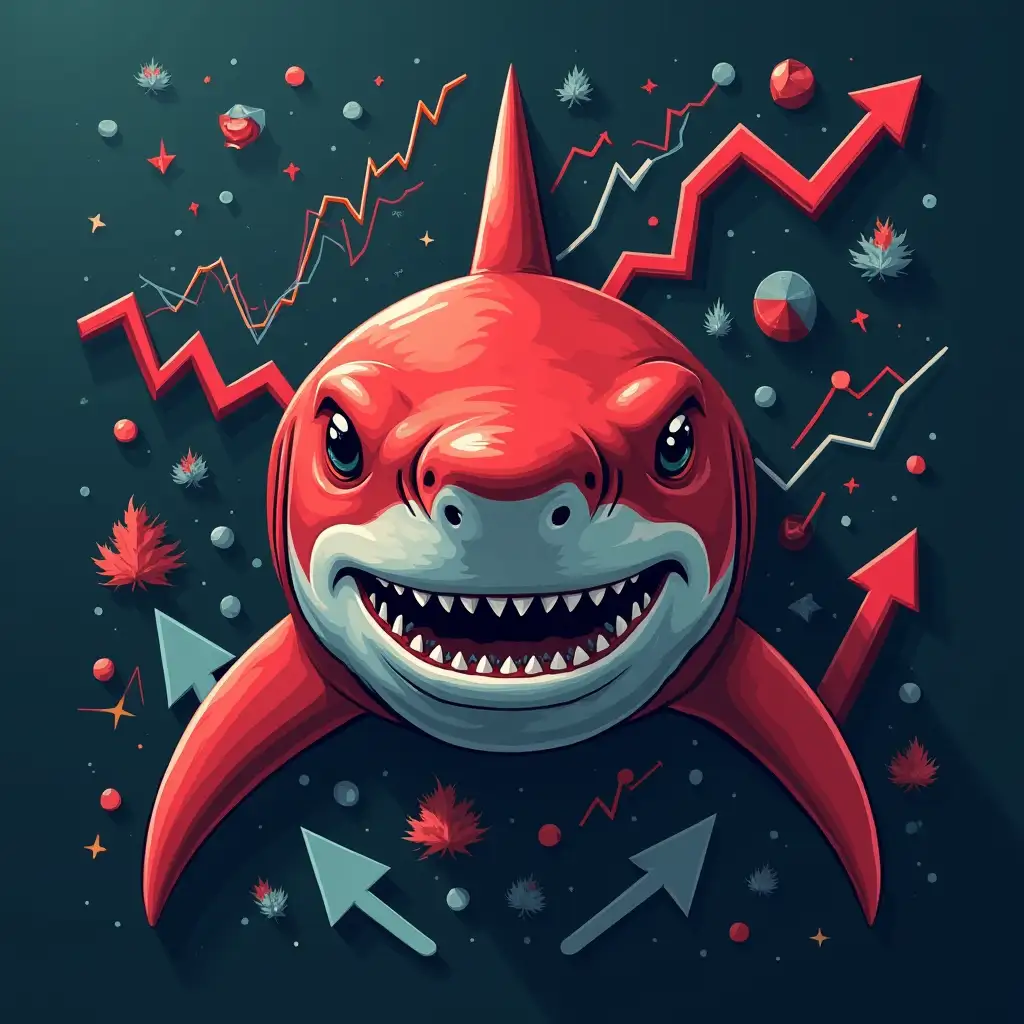 The image features a red shark with a cold, emotionless expression, exuding an air of dominance and detachment. Its harsh, unyielding demeanor contrasts sharply with the background, which depicts a dynamic trading environment. Rising charts, upward-pointing arrows, and growth indicators fill the scene, symbolizing a positive market trend and a bullish outlook. The combination of the shark’s ruthless appearance and the upward trajectory of the trading signals represents the calculated, aggressive nature of success in the financial world—cold, precise, and relentlessly moving forward