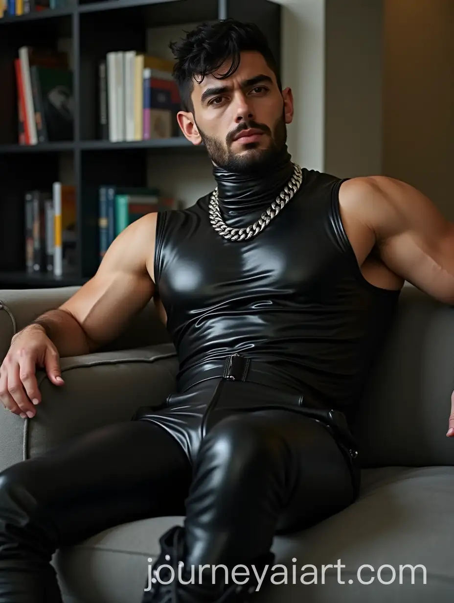 Muscular-Man-in-Black-Latex-Suit-and-Combat-Boots-SittingAI-Image-Prompt-Expansion-in-Modern-Apartment