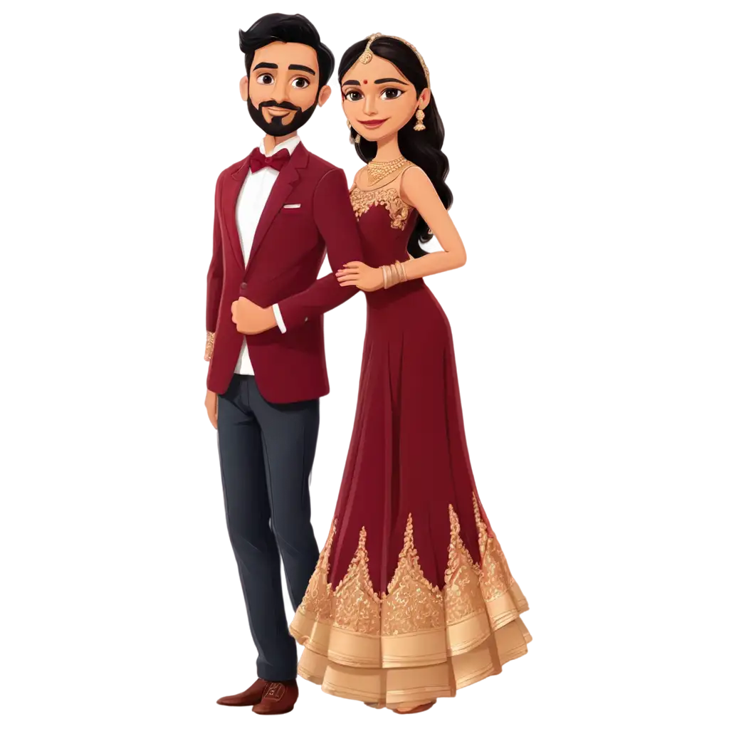 Indian-Wedding-Couple-Cartoon-PNG-Bride-in-Maroon-Lehenga-Groom-in-Maroon-Tuxedo