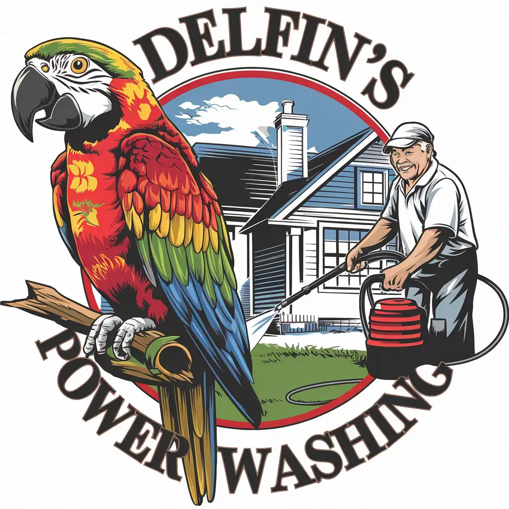 LOGO Design For Delfins Power Washing Parrot and Elderly Man Washing House in Vector Style