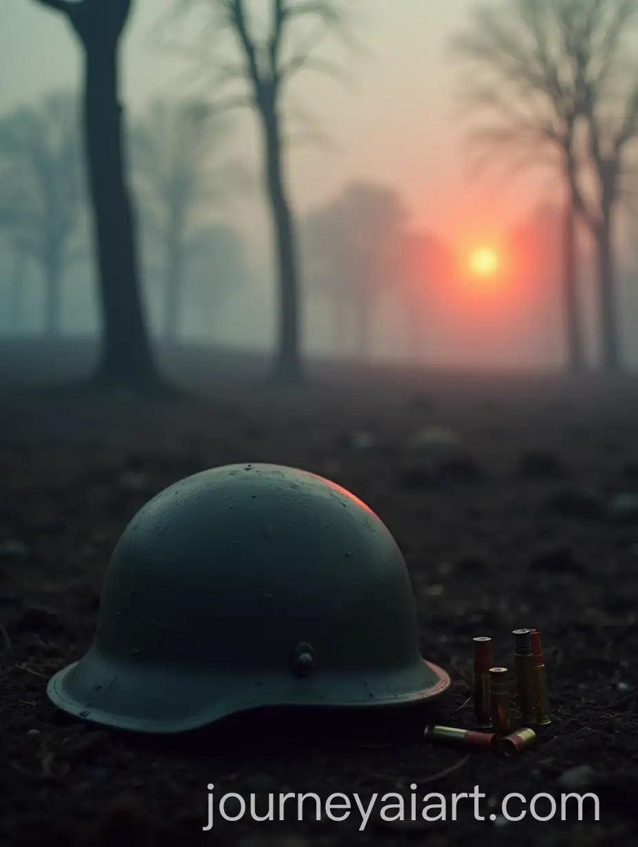 Soviet-Helmet-and-Cartridges-in-War-Trench-with-Fog-and-Sunset