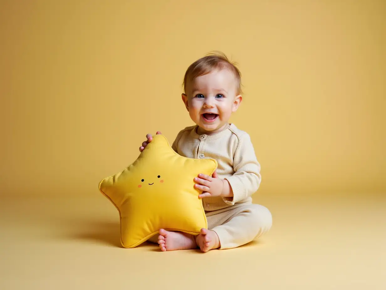 A wide-angle image of a baby happily sitting and hugging a yellow star-shaped pillow