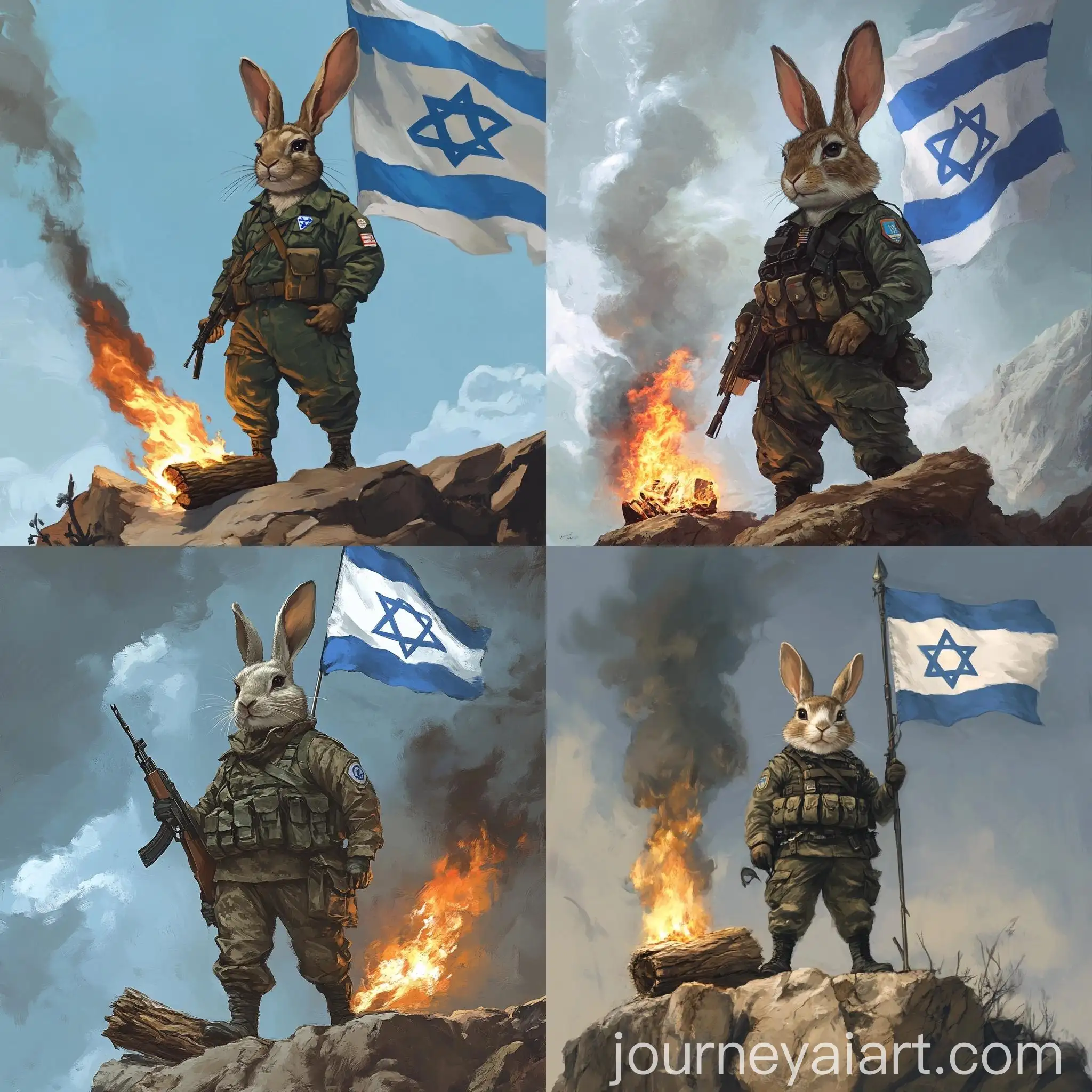 Stern-Male-Rabbit-on-Cliff-with-Burning-Log-and-Israeli-Flag