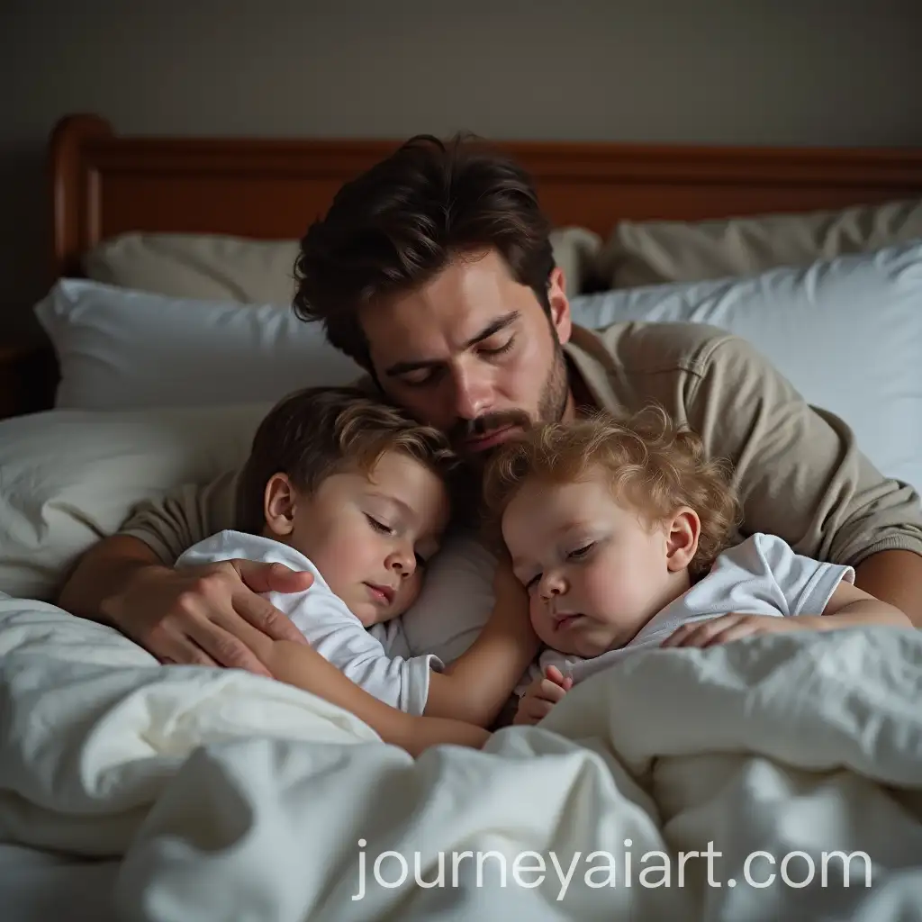Father-Sleeping-on-BedAI-Image-Prompt-Expansion-Hugging-Two-Children-in-a-Cozy-Bedroom