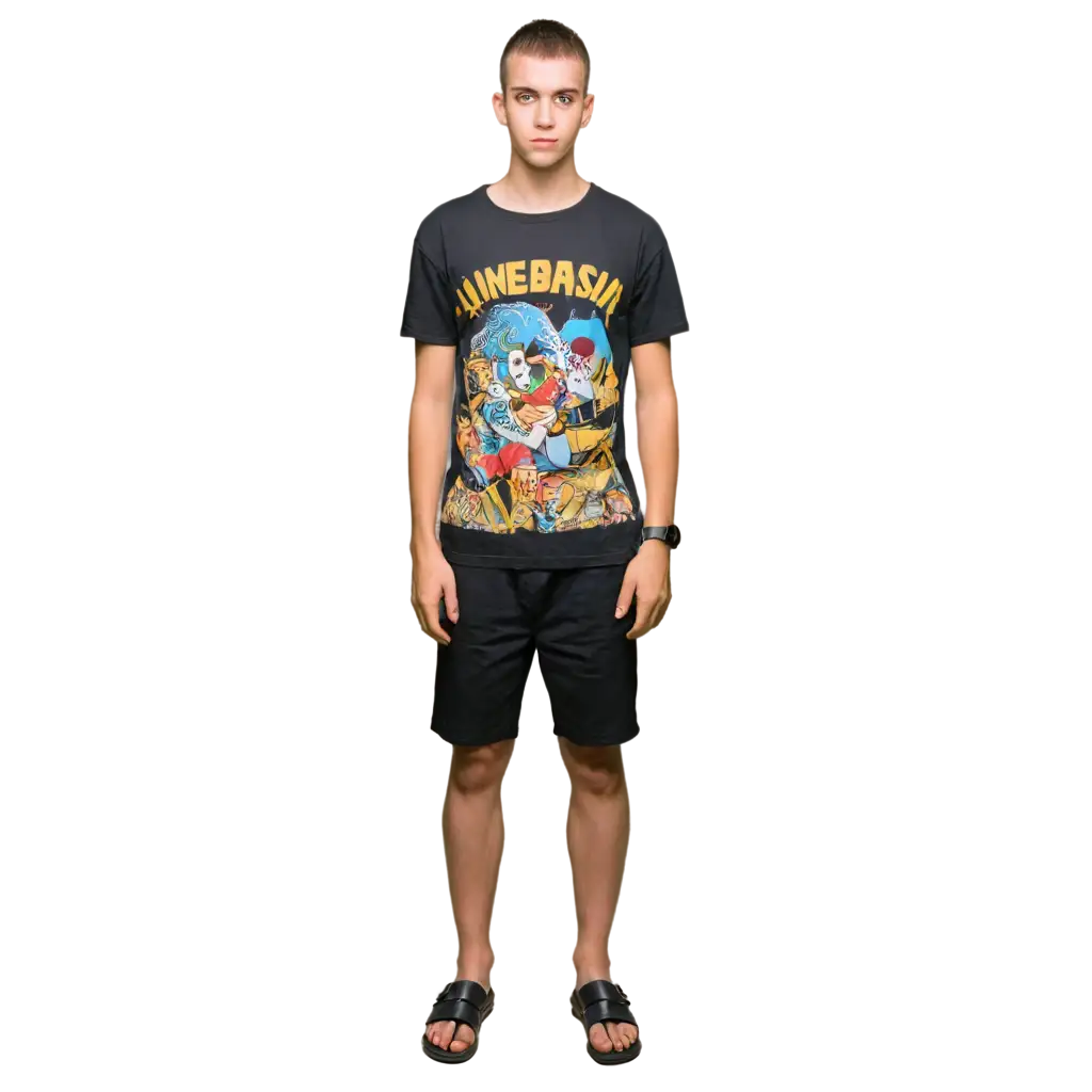 16YearOld-Indonesian-Boy-PNG-Image-with-Vintage-Shirt-Black-Shorts-and-Sandals-Front-View