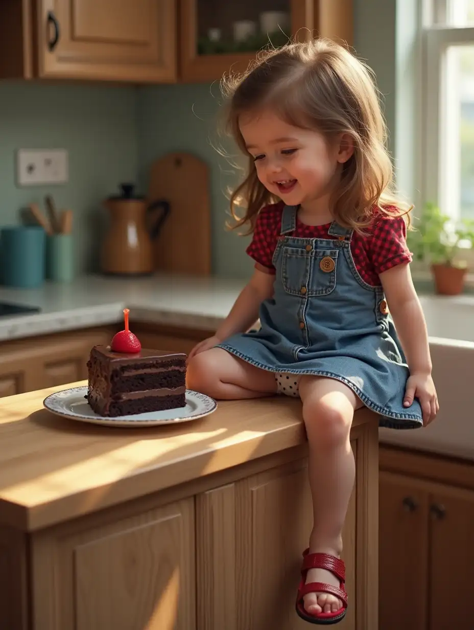 Little-Girl-Enjoying-Chocolate-Cake-on-Kitchen-Counter