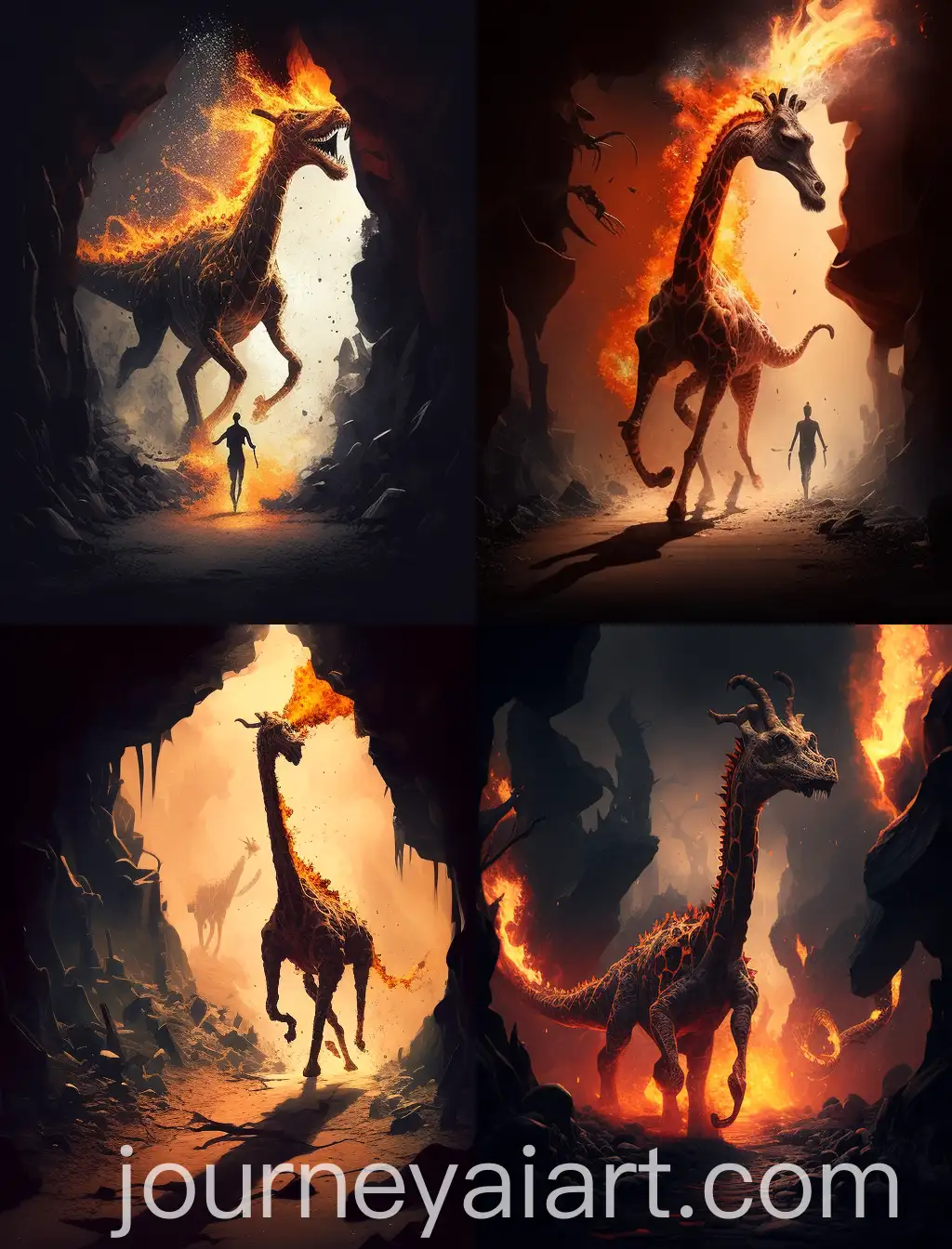 Giraffe-Fleeing-from-Dragon-in-Lava-Landscape