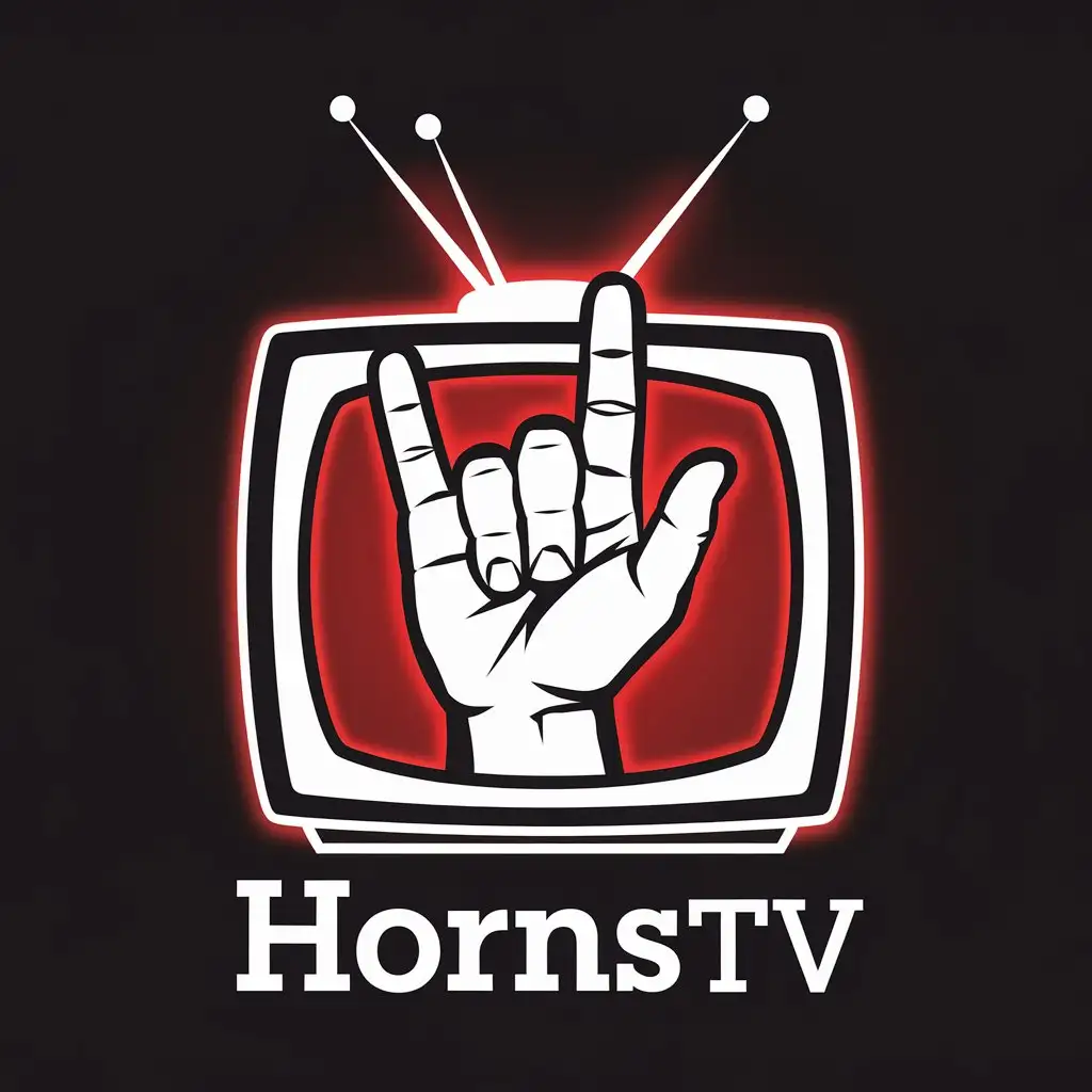 LOGO Design for hornsTV Rock On Hand Gesture Emerging from Retro TV with Red Glow