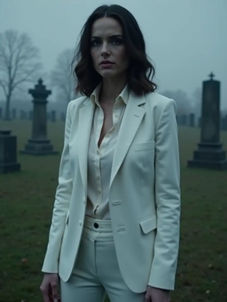 Teagan-Croft-as-Rachel-Roth-from-DC-Titans-in-AllWhite-Suit-Alone-in-Graveyard-on-Foggy-Dark-Day