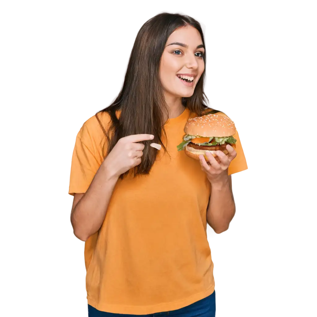 Happy-Girl-in-Yellow-Shirt-Eating-Hamburger-PNG-HighQuality-Transparent-Image-for-Versatile-Use