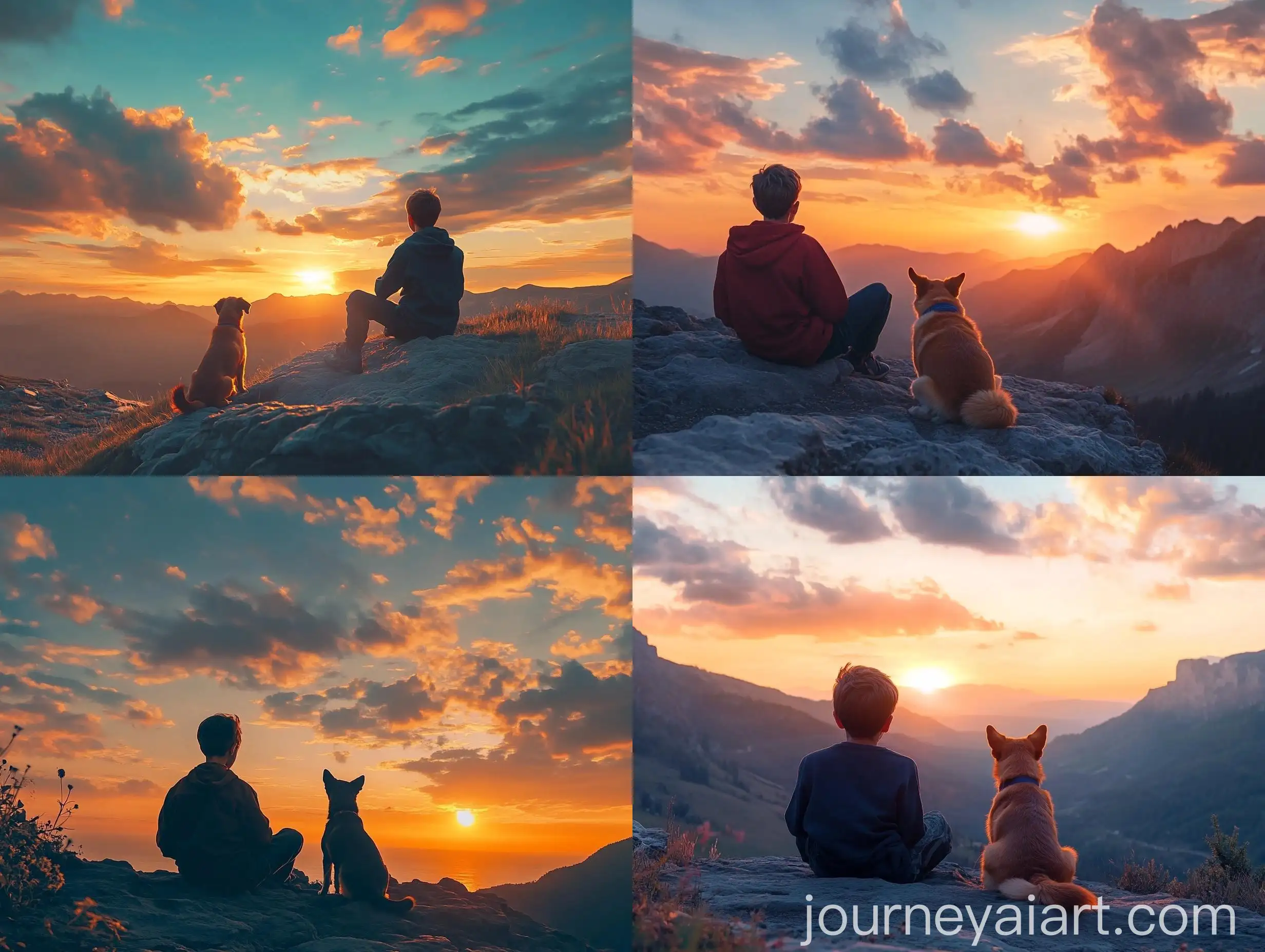 Boy-with-Dog-Watching-Sunset-on-Mountain-Cliff-Cinematic-Blue-and-Orange-Clouds