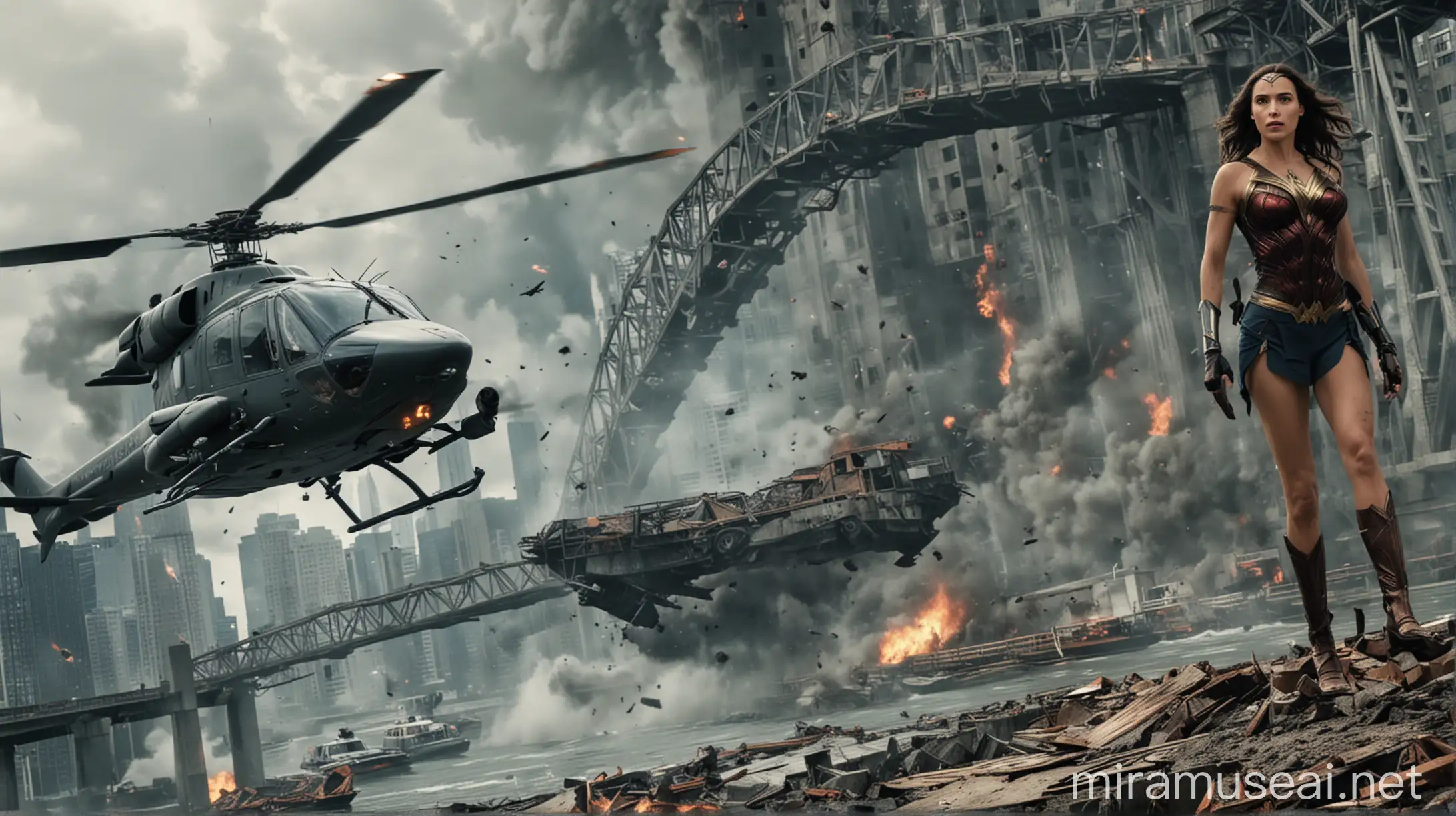 Action Movie Poster Featuring Dwayne Johnson and Gal Gadot Helicopter Rescue Amid Collapsing Bridge