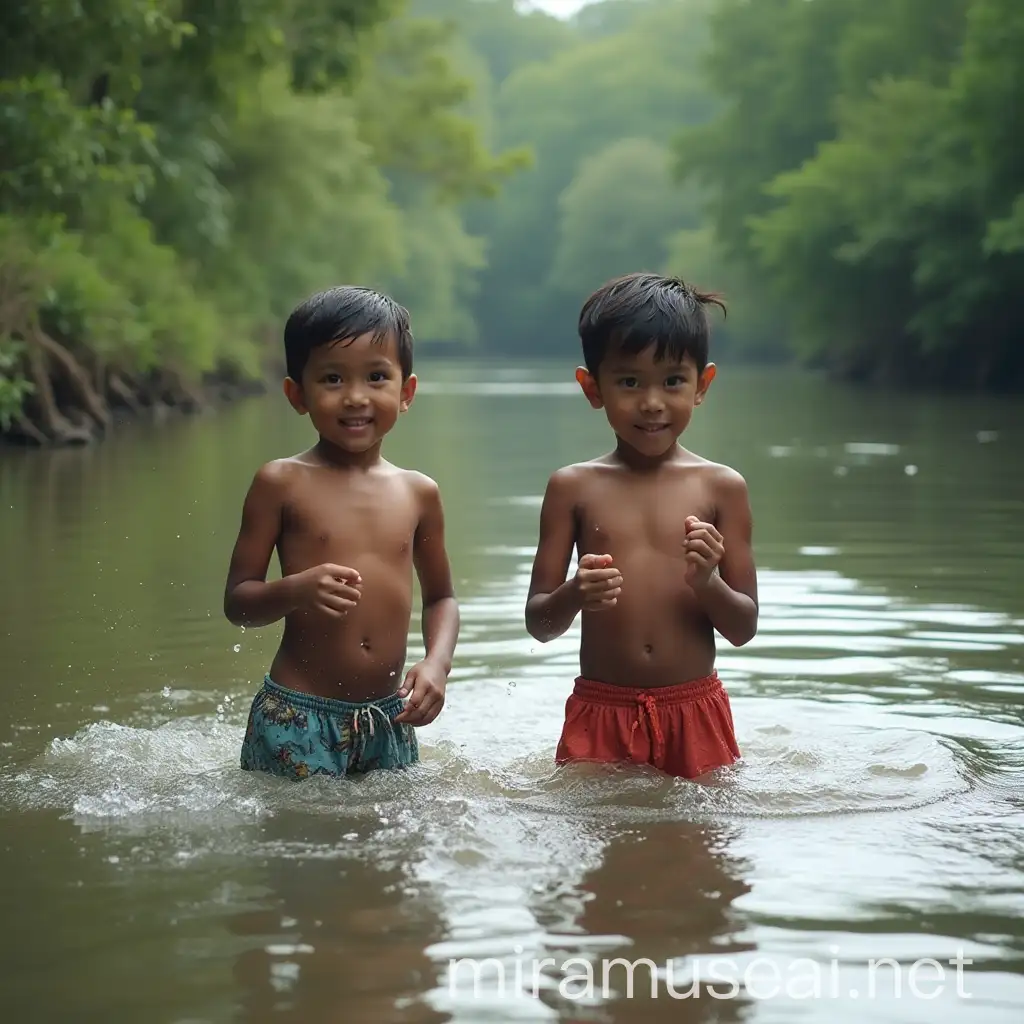 Two-Indonesian-Boys-Playing-in-River-in-Underwear