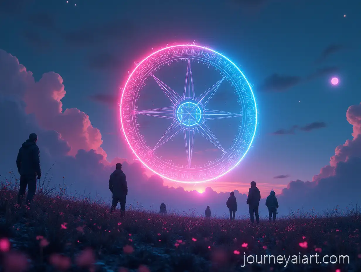 Futuristic-Group-Staring-at-FloatingFuturistic-group-with-compass-Compass-in-Cosmic-Landscape