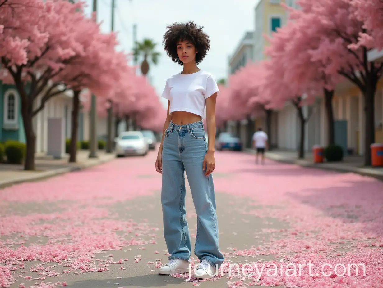 Tomboy-Young-Woman-with-Curly-Hair-in-a-Pink-FlowerThemed-Street