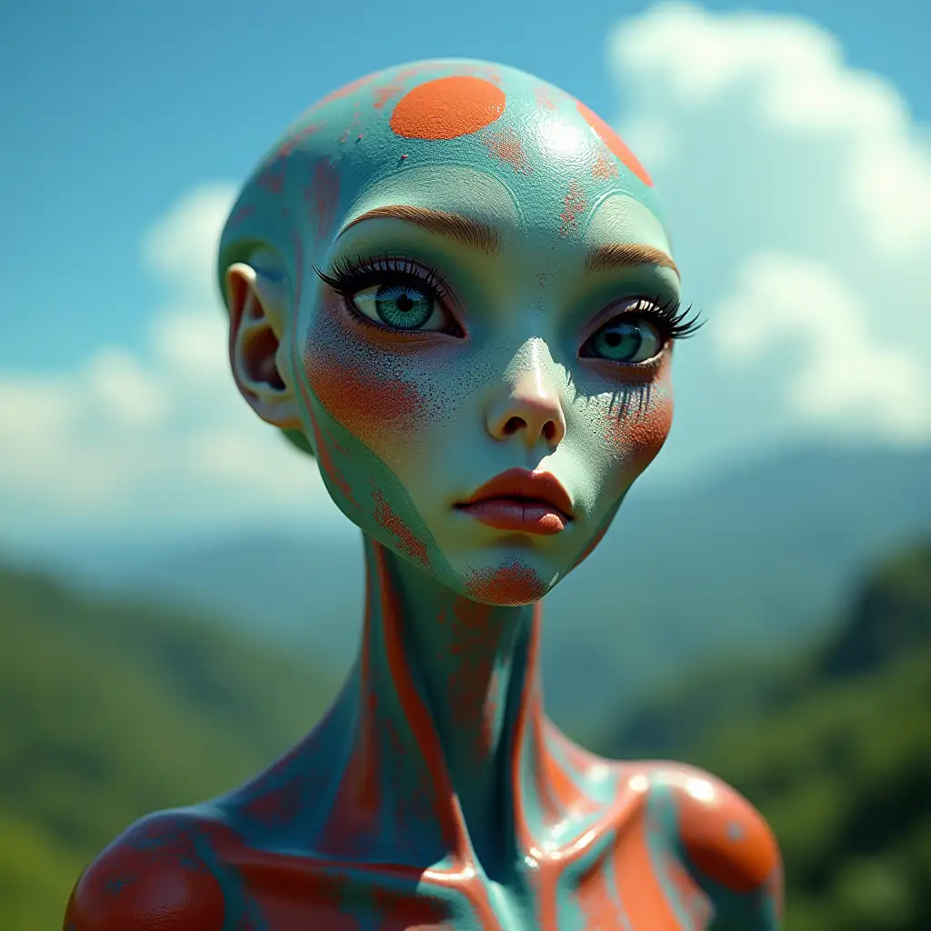 Colorful skin of an alien woman on a planet with rainforest, see blue sky clouds with a gaze into the distance portrait 30mm