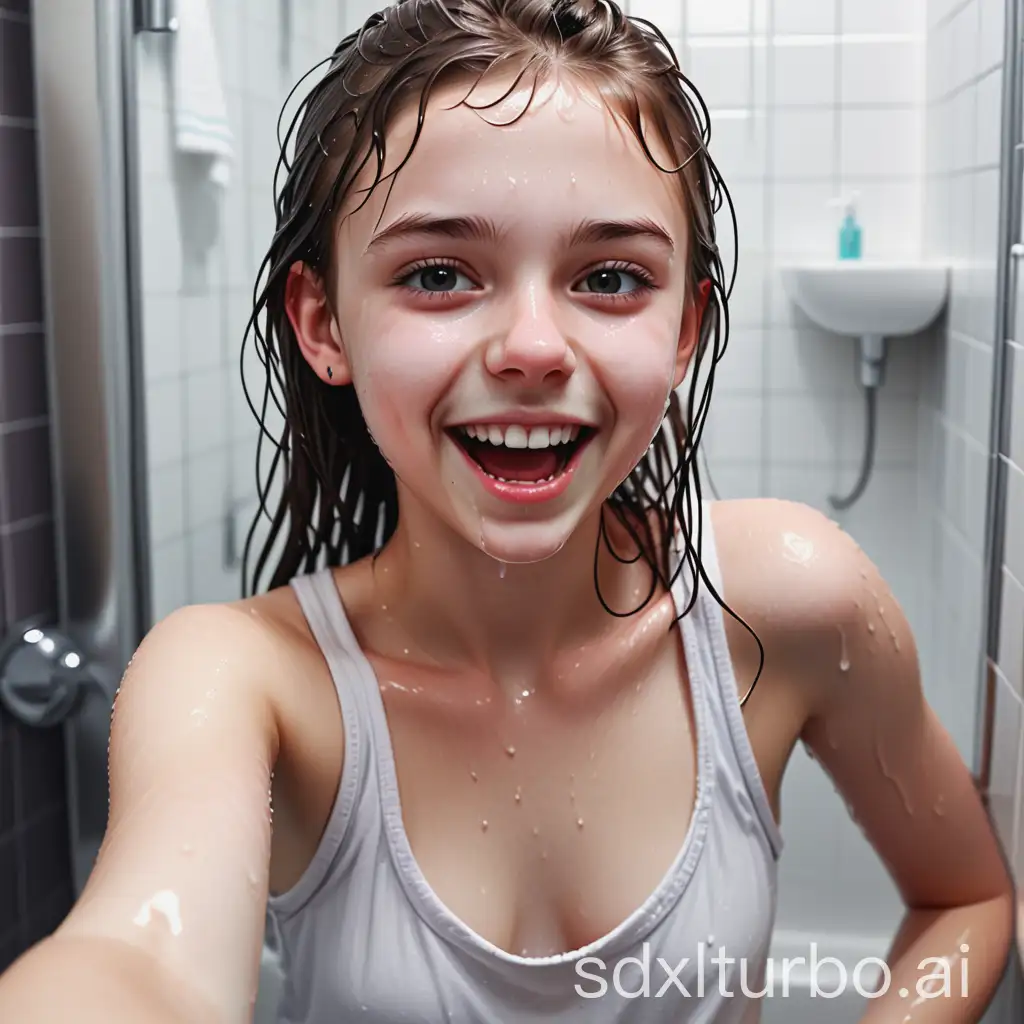 Teenage-Girl-Taking-Selfie-in-Bathroom-with-Wet-Hair