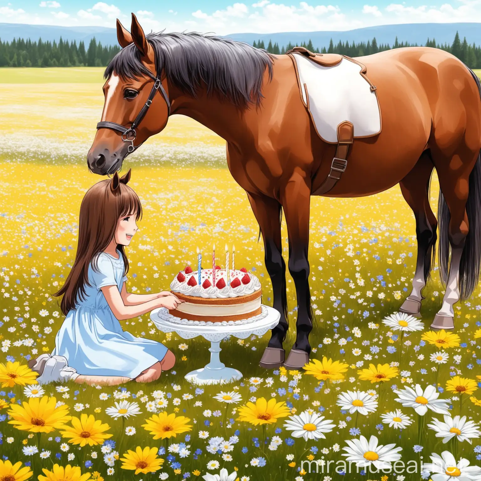 Girl Celebrating Birthday with Horse on Flower Field