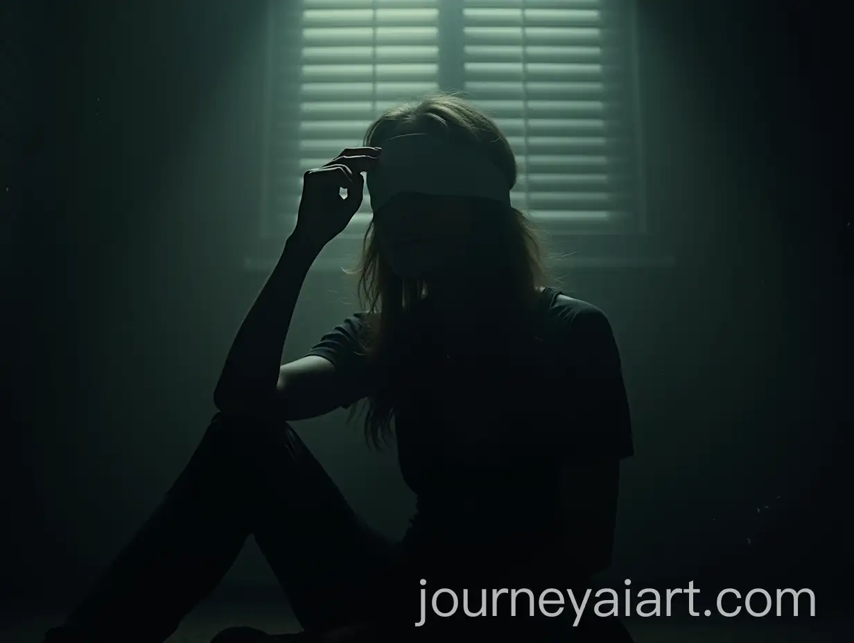 Tense-Cinematic-Moment-of-Blindfolded-Person-Holding-Gun-in-Dimly-Lit-Room