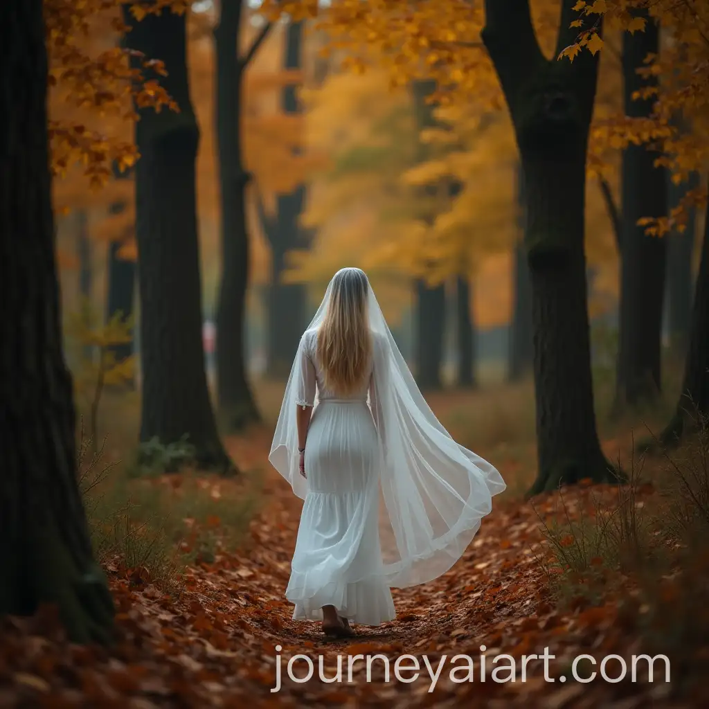 Young-Blonde-Woman-in-a-White-Veil-Walking-Through-an-Autumn-Forest