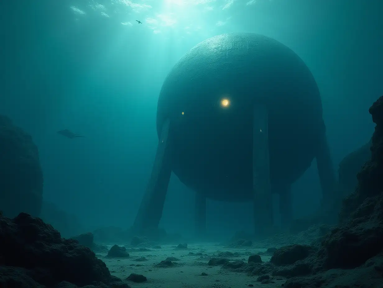 A photorealistic image of a massive alien base under the sea