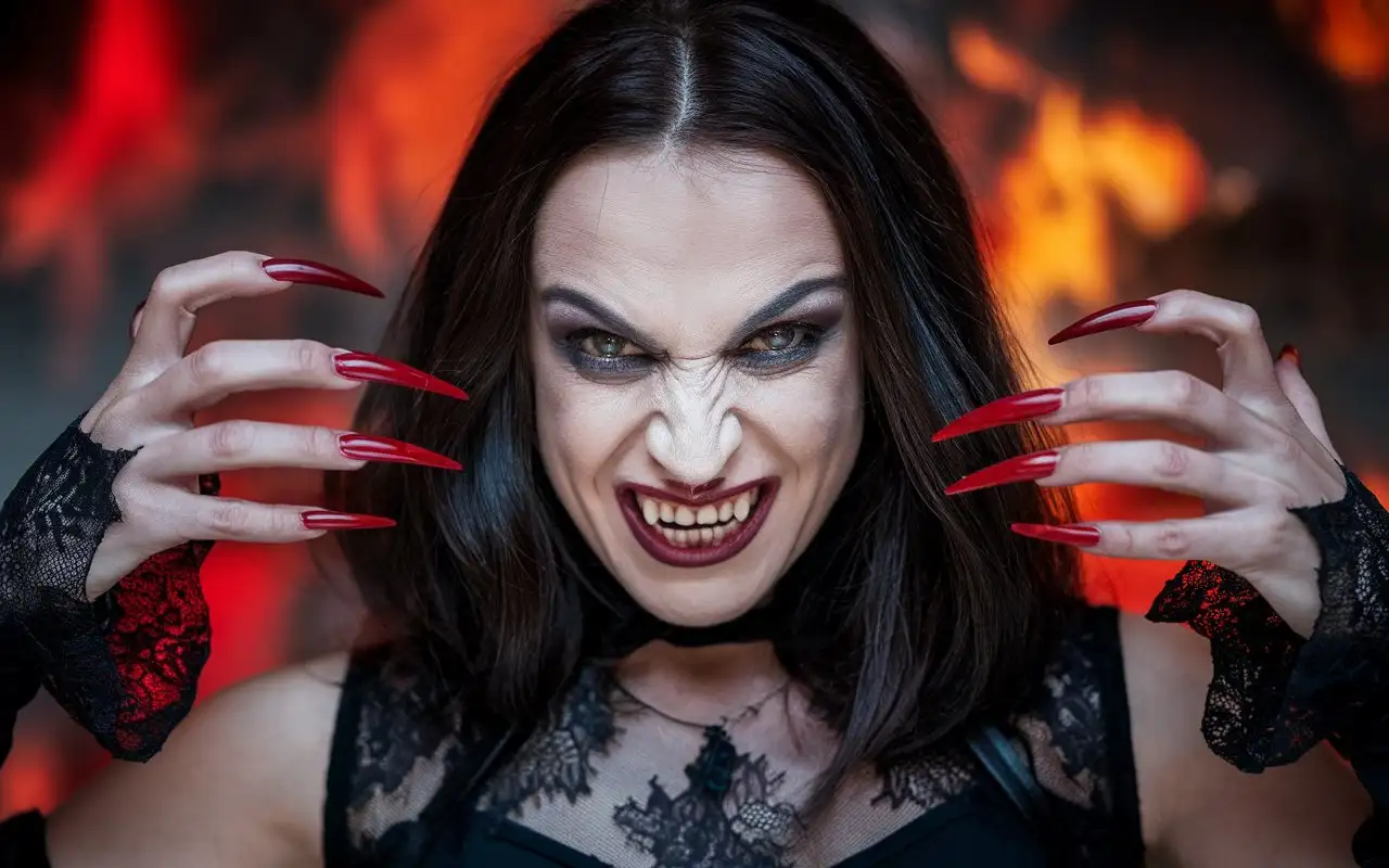 a woman with expressive appearance, creating an impression of a sinister or supernatural creature. * **Appearance:** She has dark hair falling on her shoulders. Her face has bright makeup, emphasizing her eyes and lips, accentuating her expressiveness. On her hands, she has long sharp red nails, resembling claws, adding a frightening element. * **Facial expression:** She has a predatory smile, exposing her teeth, giving her a threatening look. Her eyes are looking directly into the camera with a piercing gaze. * **Clothes:** She is dressed in black clothing with lace details at the neck, enhancing the mysterious atmosphere. * **Background:** The background is blurred, with red and orange hues, resembling flames or a malevolent aura, emphasizing the overall impression of danger. Overall, the character looks like an evil witch, vampire or other supernatural creature, ready to attack.