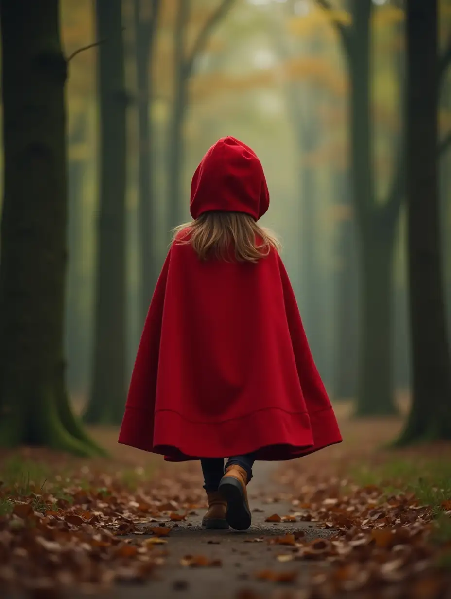 Wearing a red cape girl, walking in the forest, real picture, imitating Little Red Riding Hood's story