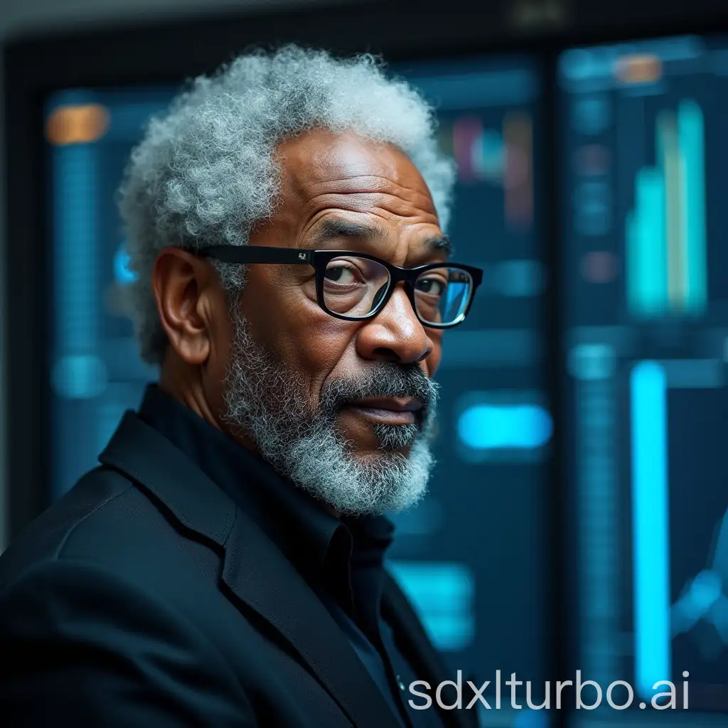 AI-Researcher-Resembling-Morgan-Freeman-in-a-HighTech-Lab