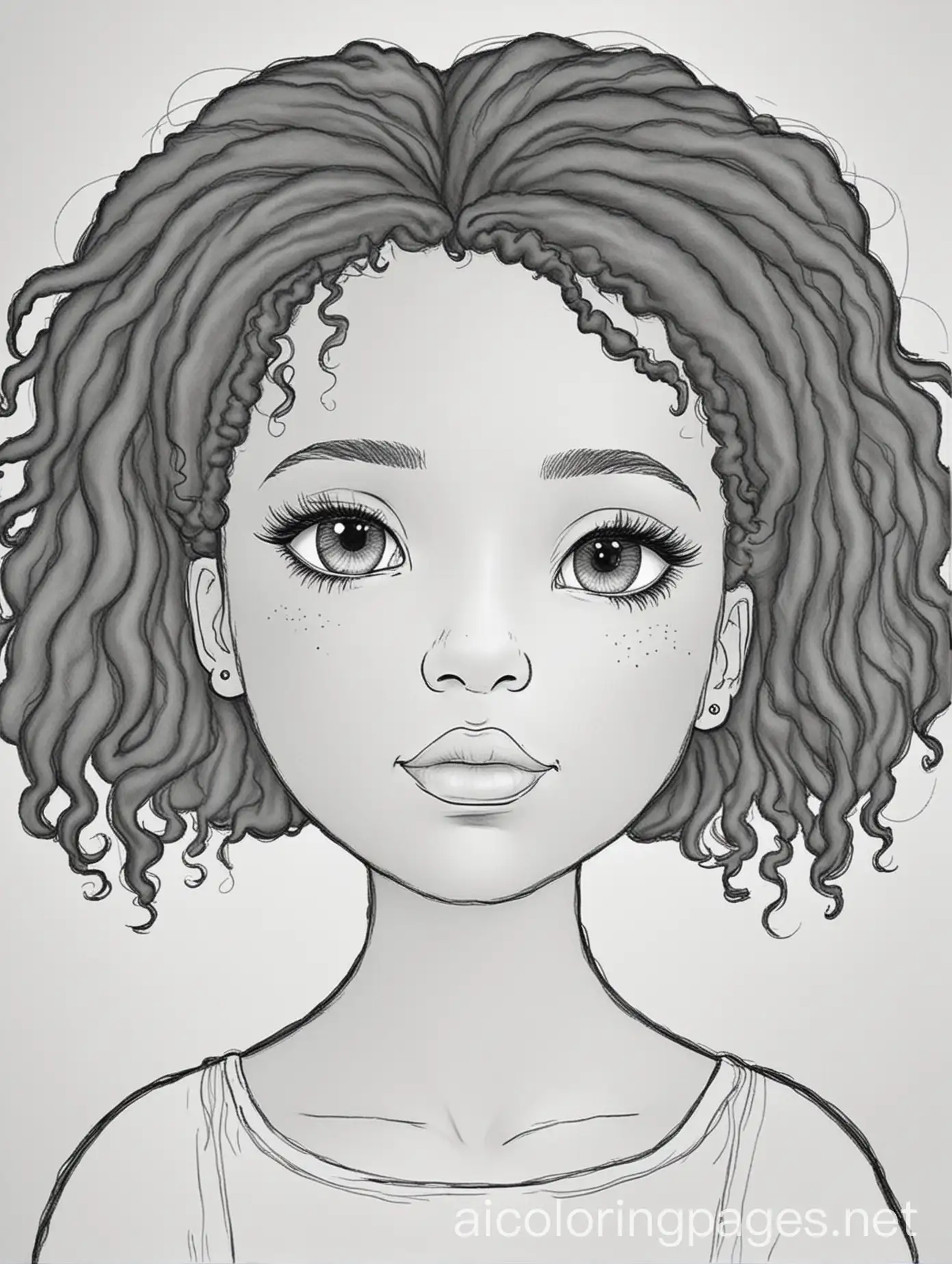 black girl, Coloring Page, black and white, line art, white background, Simplicity, Ample White Space. The background of the coloring page is plain white to make it easy for young children to color within the lines. The outlines of all the subjects are easy to distinguish, making it simple for kids to color without too much difficulty