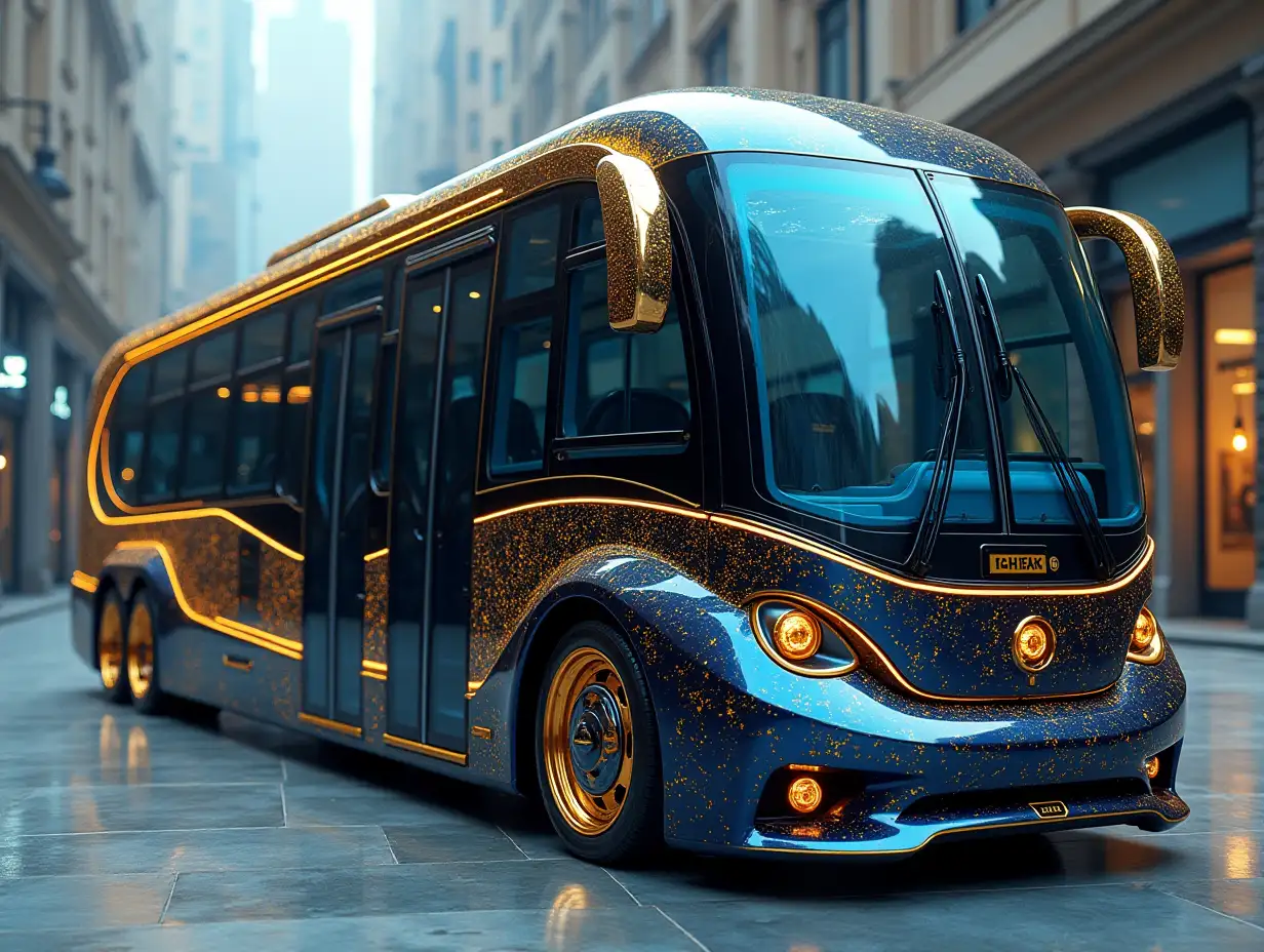 Modern utopian sports omnibus with gold and black lightning blue color with round ornaments, lowered body, 18-inch rims, aluminum wheels, cream blue gold, cyberpunk.