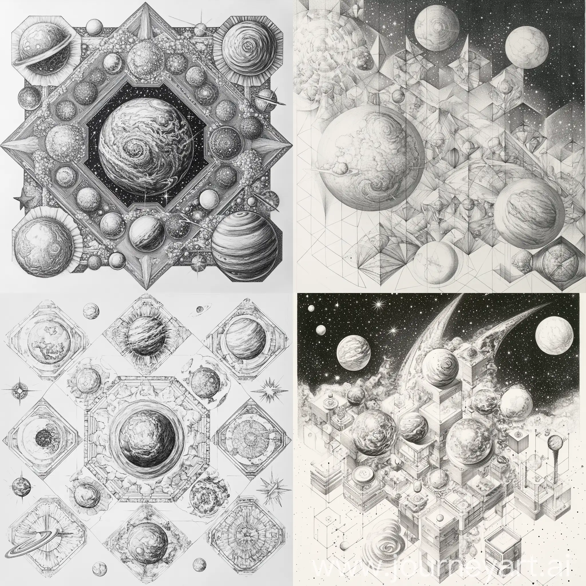 Intricate-Pencil-Drawing-of-the-Universe-with-Tessellated-Hexagonal-Patterns