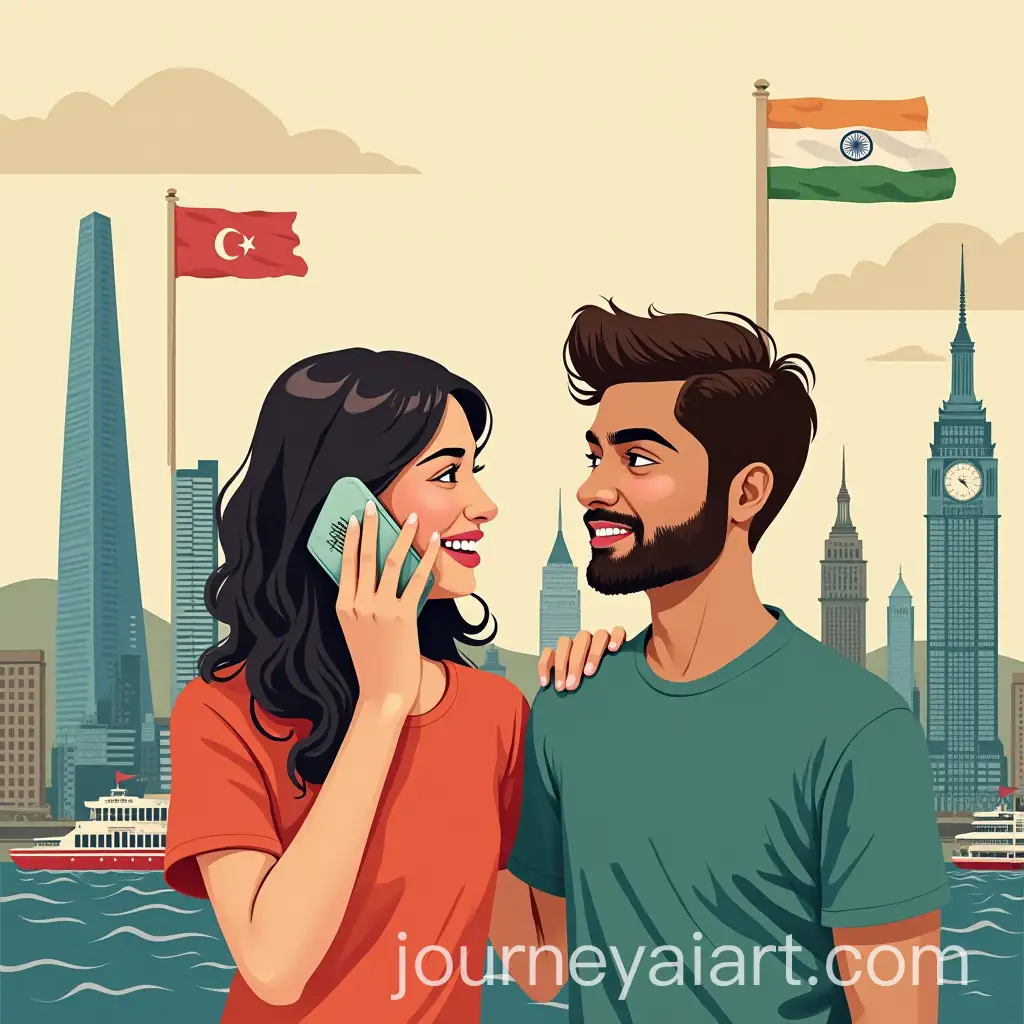 Couple-Talking-on-Phone-with-Hong-Kong-and-India-Flags-in-Background