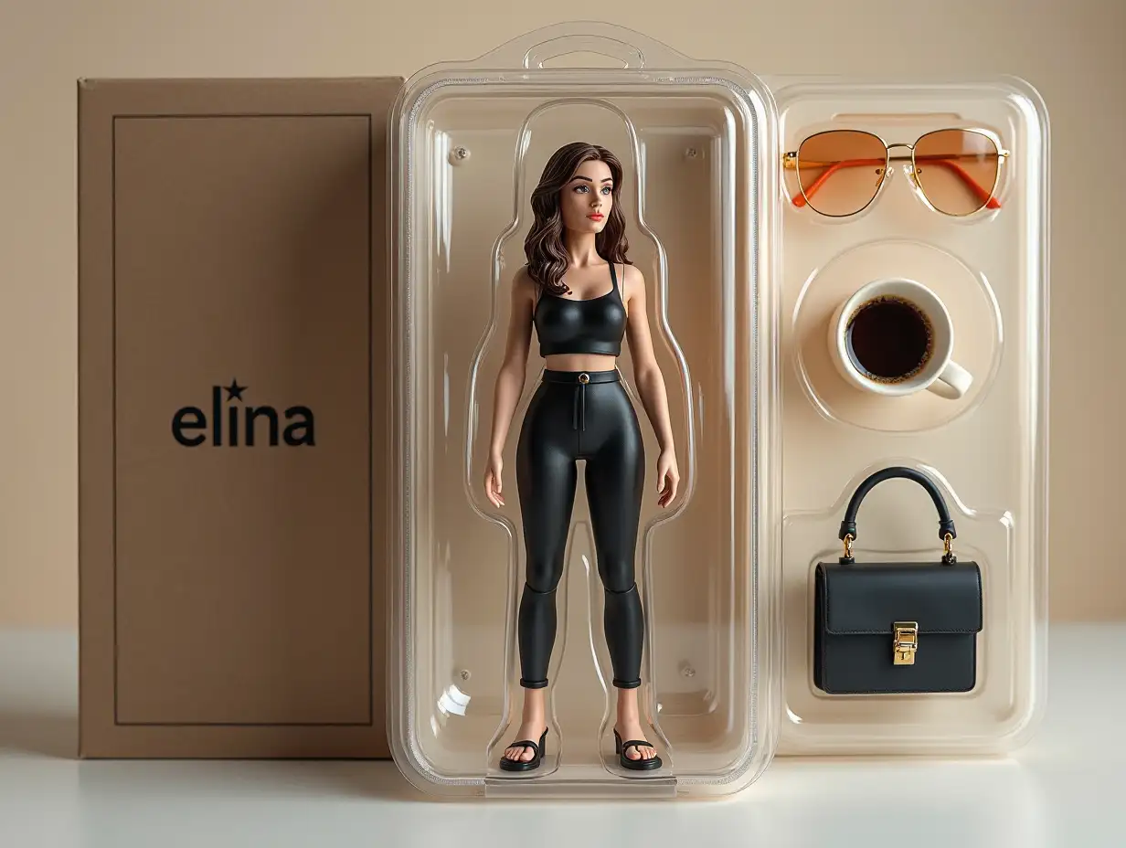 Create a photorealistic action figure of a person on a photo. The figurine should be full size and fit into a transparent plastic case with a colorful cardboard background, like real collectible toys. Make the packaging as realistic as possible - shiny plastic, sections for items and a toy store design. On the box, write the brand Elina. The packaging will have an atmosphere: a morning walk in the city. Next to the figurine, place accessories: transparent golden glasses, a golden ring, coffee in a cup, a black elegant handbag. Make the figurine in a minimalist style.