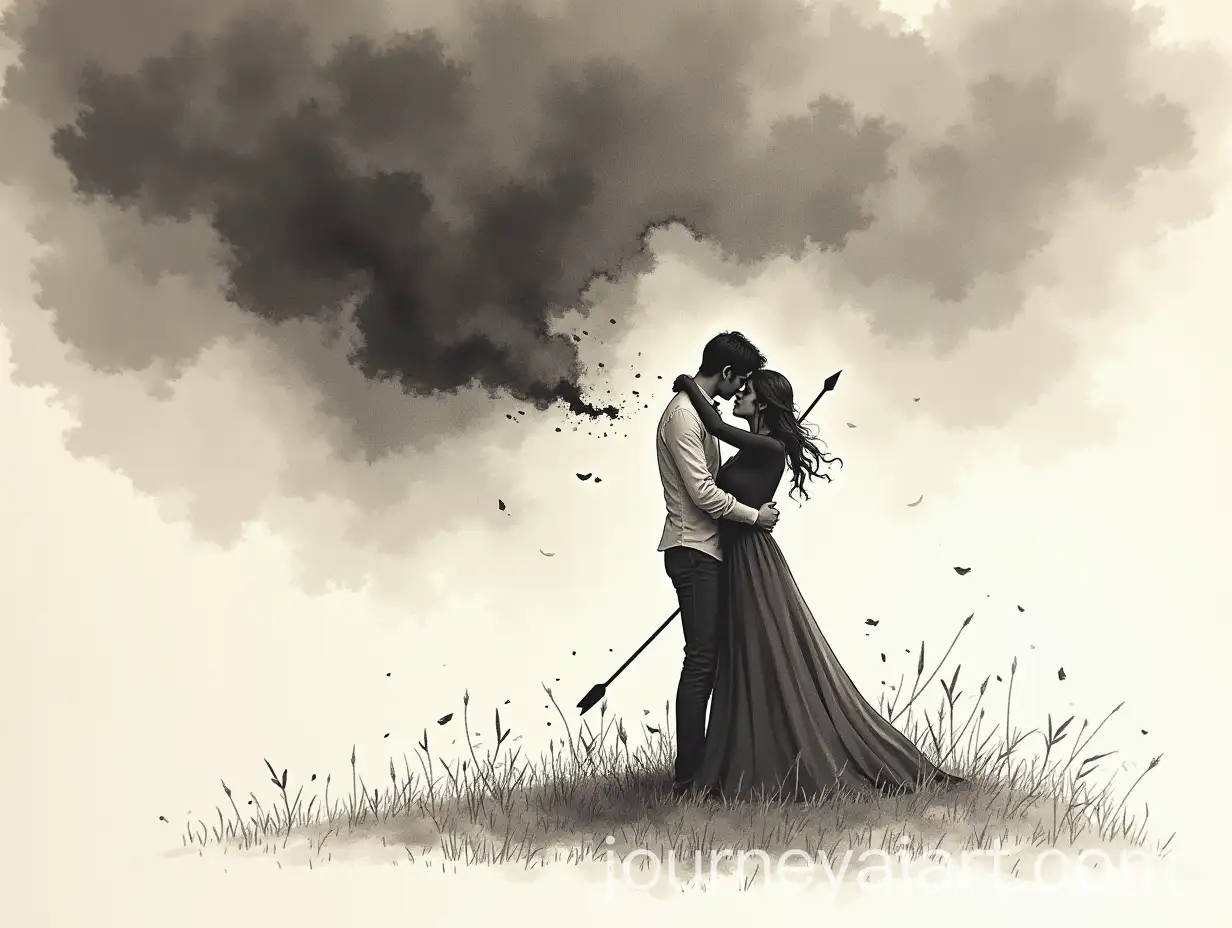 Heartbreaking-Ink-Wash-Painting-of-Lovers-Embracing-as-an-Arrow-Pierces-Them