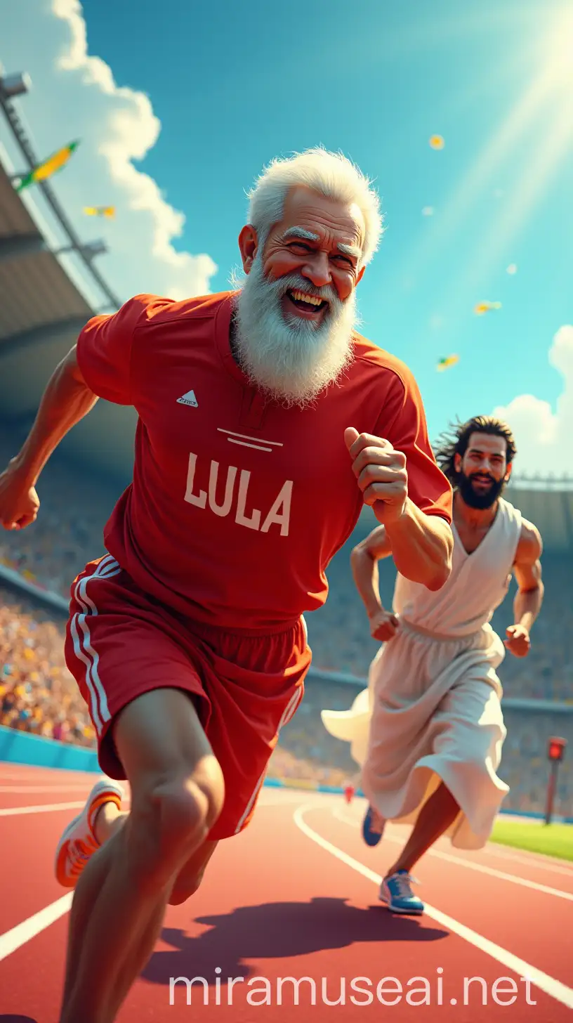 A dramatic and dynamic scene of a foot race between Jesus Christ and Lula, the president of Brazil. Lula is in the lead, wearing a bright red athletic outfit with a bold 'LULA' logo on the chest. He has short, neatly combed white hair, a full white beard covering his chin and sides of his face, and a light complexion. His face shows a broad, charismatic smile with visible teeth, his eyes slightly squinted in a joyful expression, with a few wrinkles around his eyes and mouth that highlight his age and determination. Sweat drips down his forehead as his muscular legs push forward in a powerful sprint, his white hair slightly tousled by the wind. Jesus Christ follows closely behind, dressed in a flowing white tunic, his long hair and beard streaming as he runs with a serene yet focused expression, a faint halo glowing around his head. The background features a vibrant stadium filled with cheering crowds, Brazilian flags waving, and a clear blue sky with rays of sunlight breaking through the clouds. The style is hyper-realistic, with vivid colors, sharp details, and an intense sense of motion and energy, inspired by epic sports illustrations. Formatted for Instagram stories with a white background.