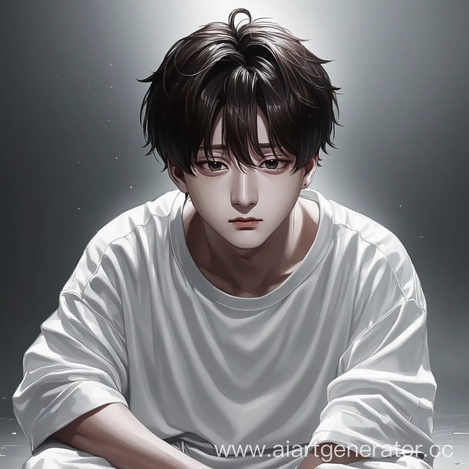 drawing painted by art Jeon Jungkook from BTS, Jeon Jungkook's facial features, jungkook kneeling, front view, wearing white clothes and not smiling, sad atmosphere