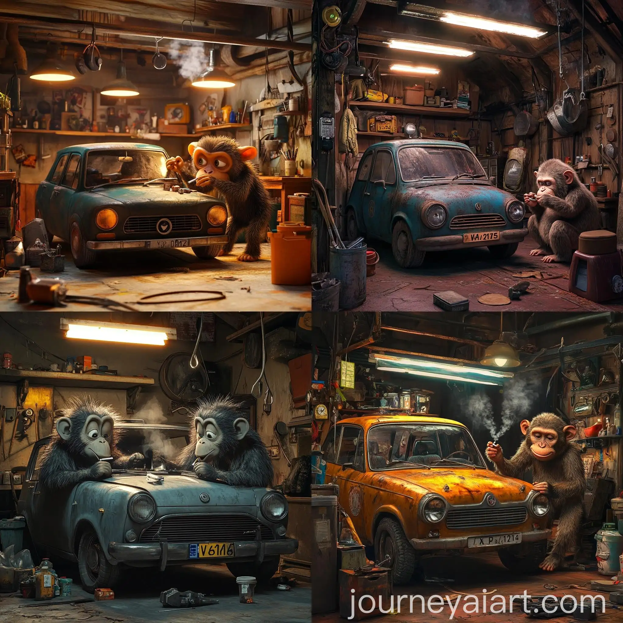 Monkeys-from-Madagascar-Fixing-VAZ-2115-in-Cozy-Garage
