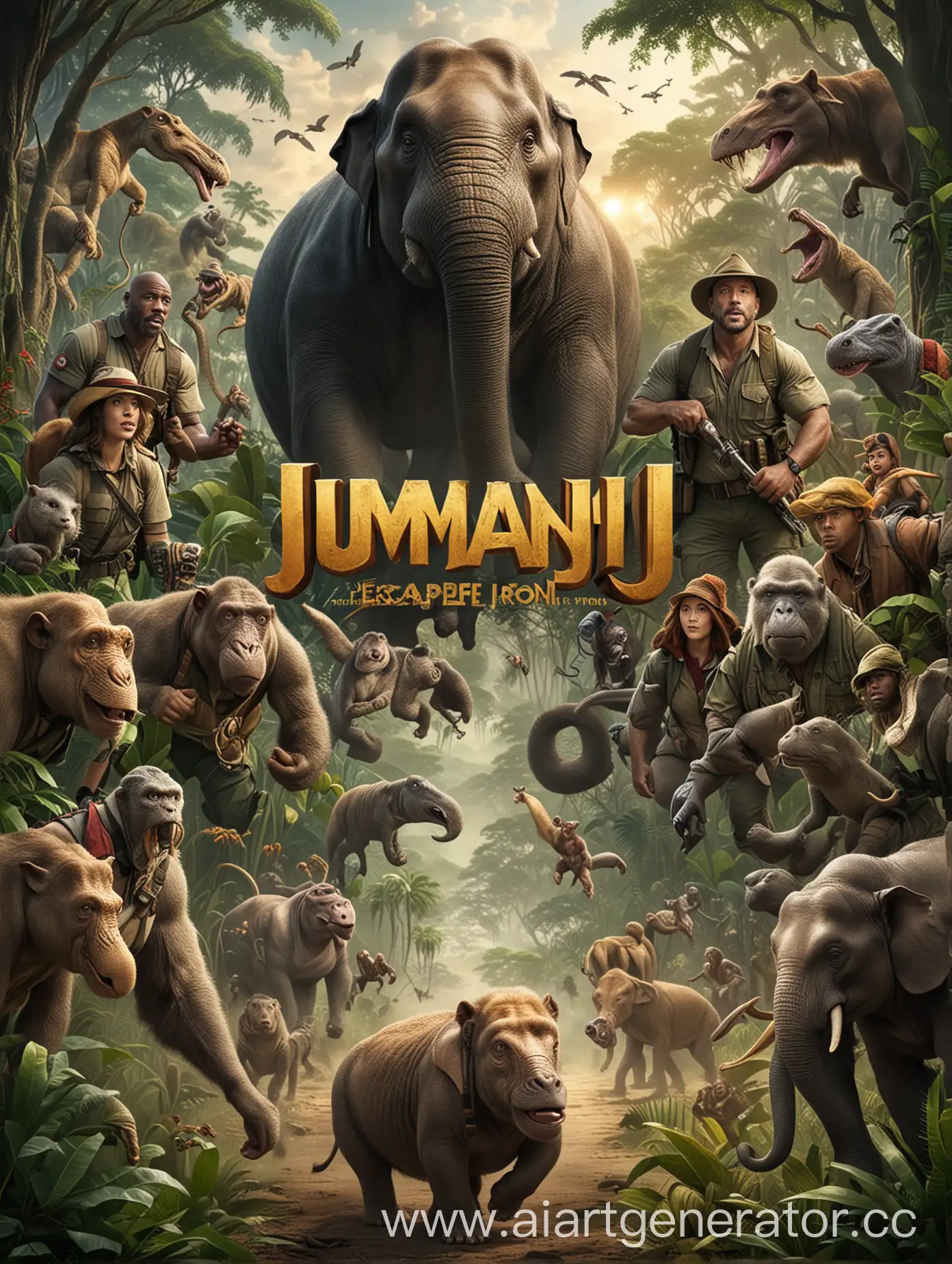 Jumanji-Movie-Poster-Heroes-Escaping-Wild-Animals-in-the-Jungle