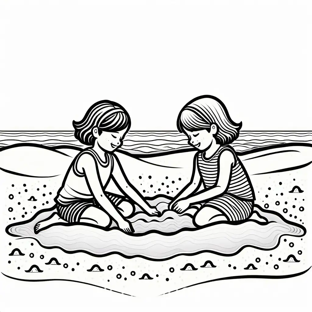 two besties playing in the sand, Coloring Page, black and white, line art, white background, Simplicity, Ample White Space