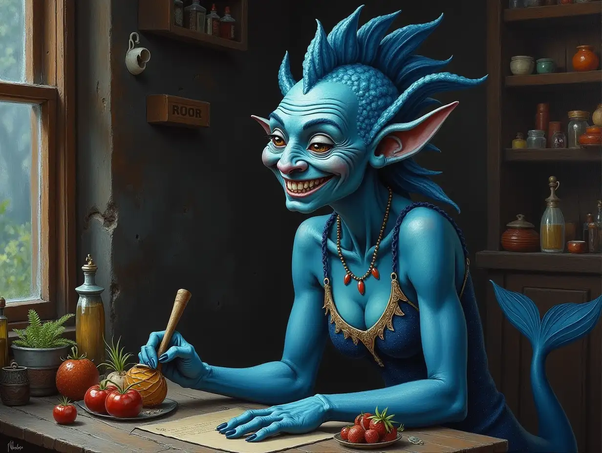 A fantastical hand-drawn oil painting of a grinning coy elderly blue skinned triton woman with fins instead of ears, sitting in a dark magic shop