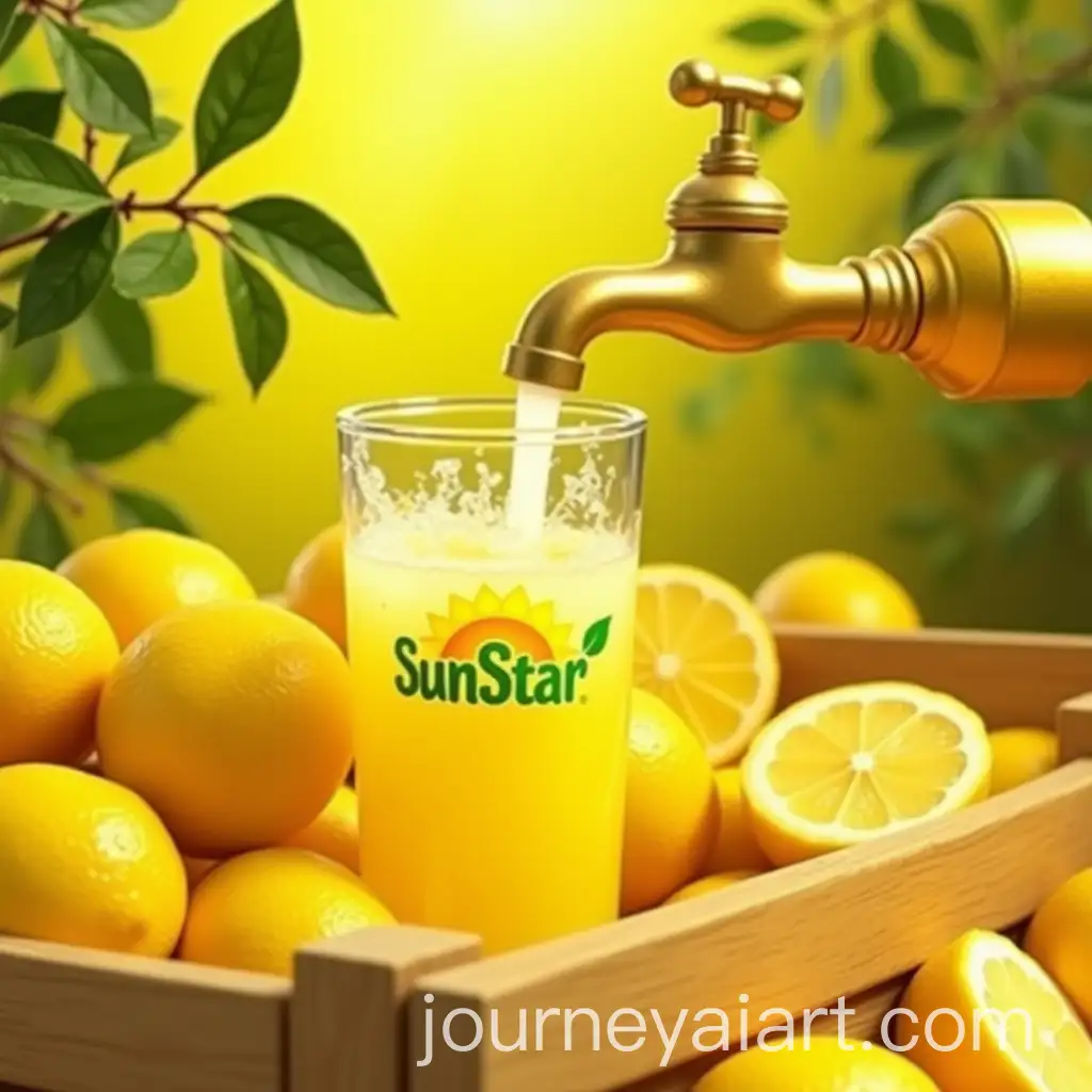 Golden-Faucet-Pouring-Fresh-Lemon-Juice-in-Vibrant-Citrus-Orchard-with-SunStar-Branding
