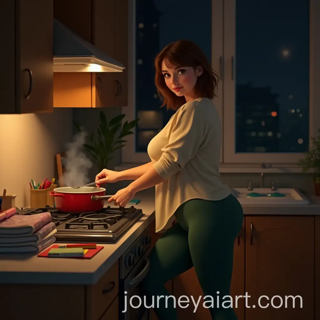 Woman-Cooking-in-Cozy-Kitchen-at-Night-with-Textbooks-and-Markers