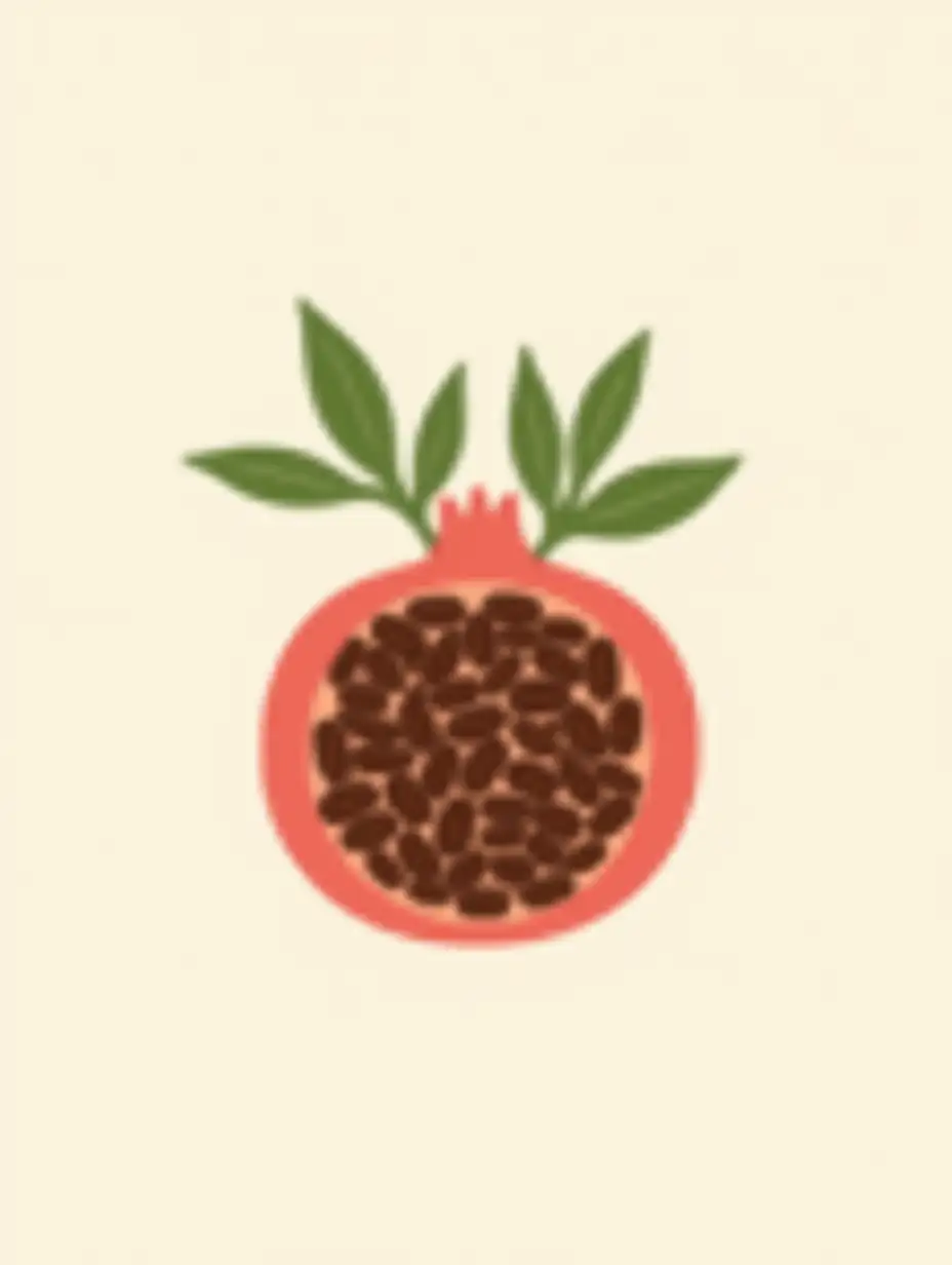 A minimalist illustration of a pomegranate with its seeds replaced by coffee beans. The pomegranate is cut in half, clearly showing the coffee bean-shaped seeds inside. The design is clean and modern, with a few green leaves surrounding the pomegranate for contrast. The background is plain and light, emphasizing the artistic and minimalistic style of the composition.