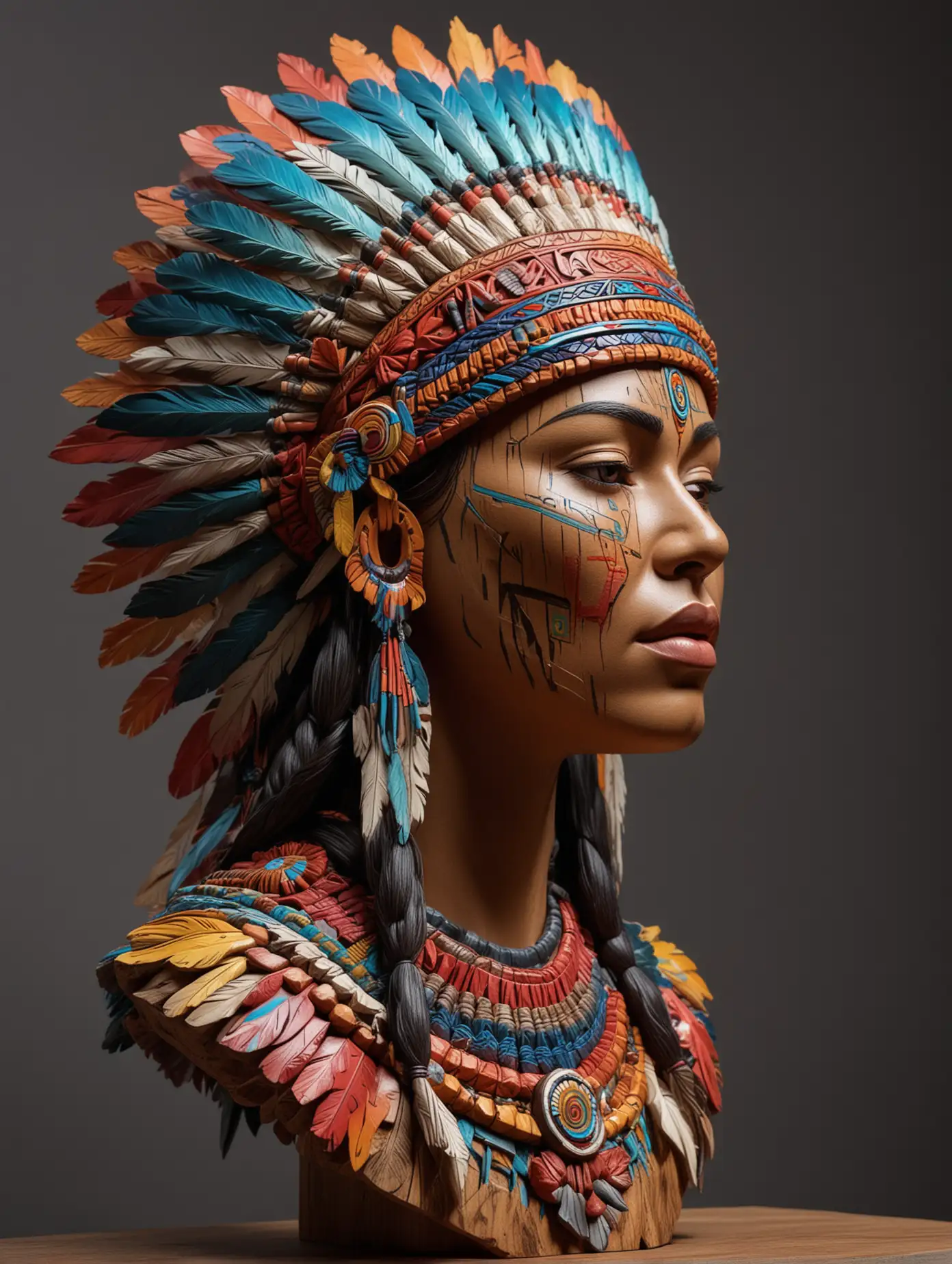 Indigenous warrior woman with magnificient colourful headdress wood carving bust depth mapping light from the right
