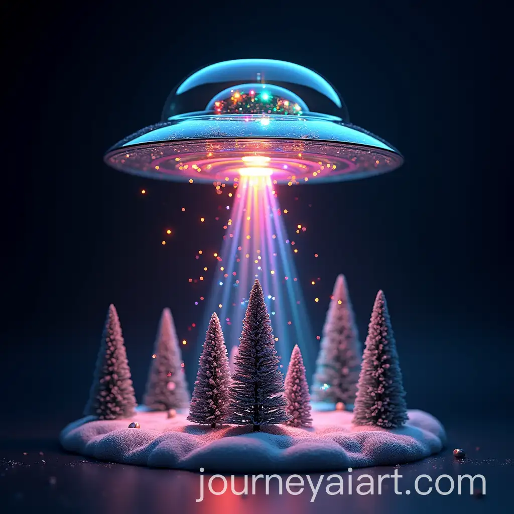 3D-Glass-UFO-with-Christmas-Lights-Hovering-Over-Pine-Tree-Forest