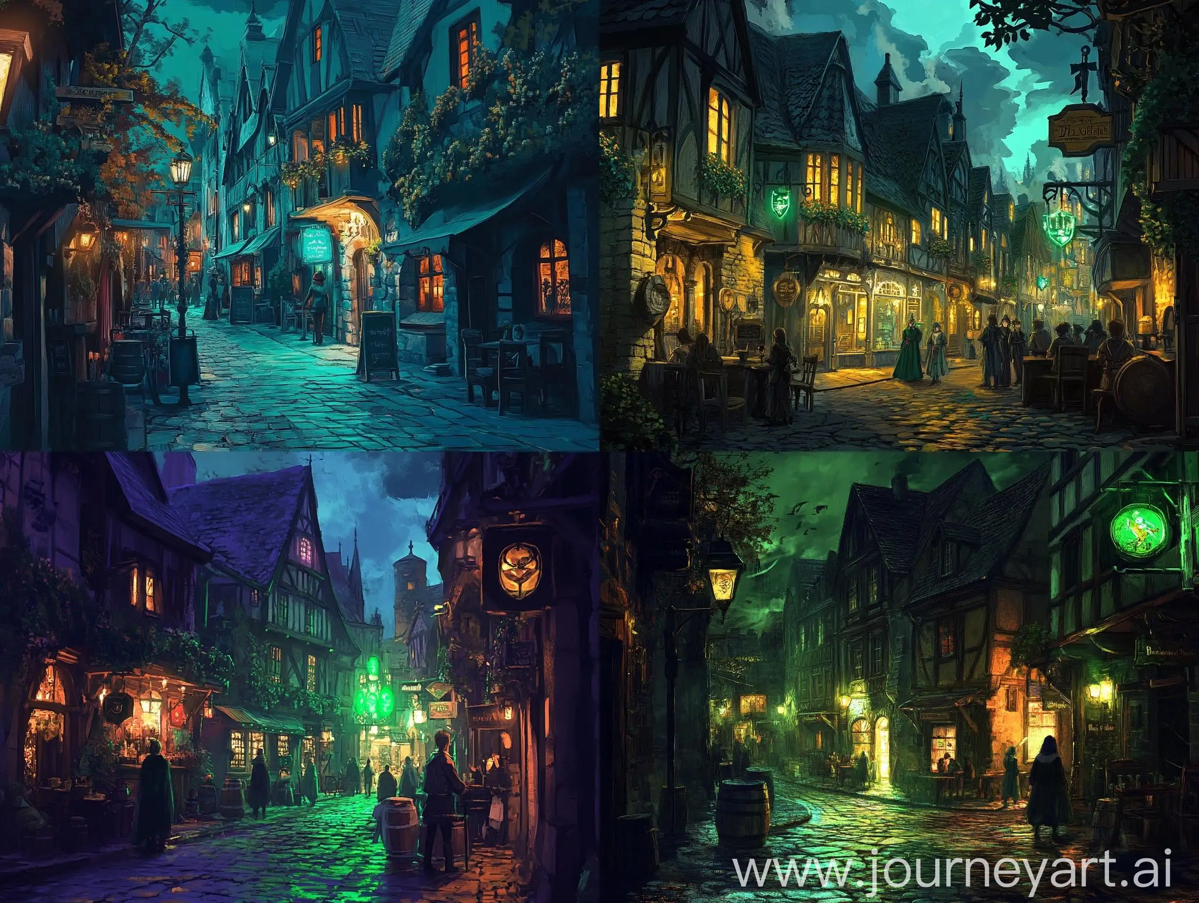 Medieval-Fantasy-City-Boulevard-at-Night-with-Cozy-Taverns