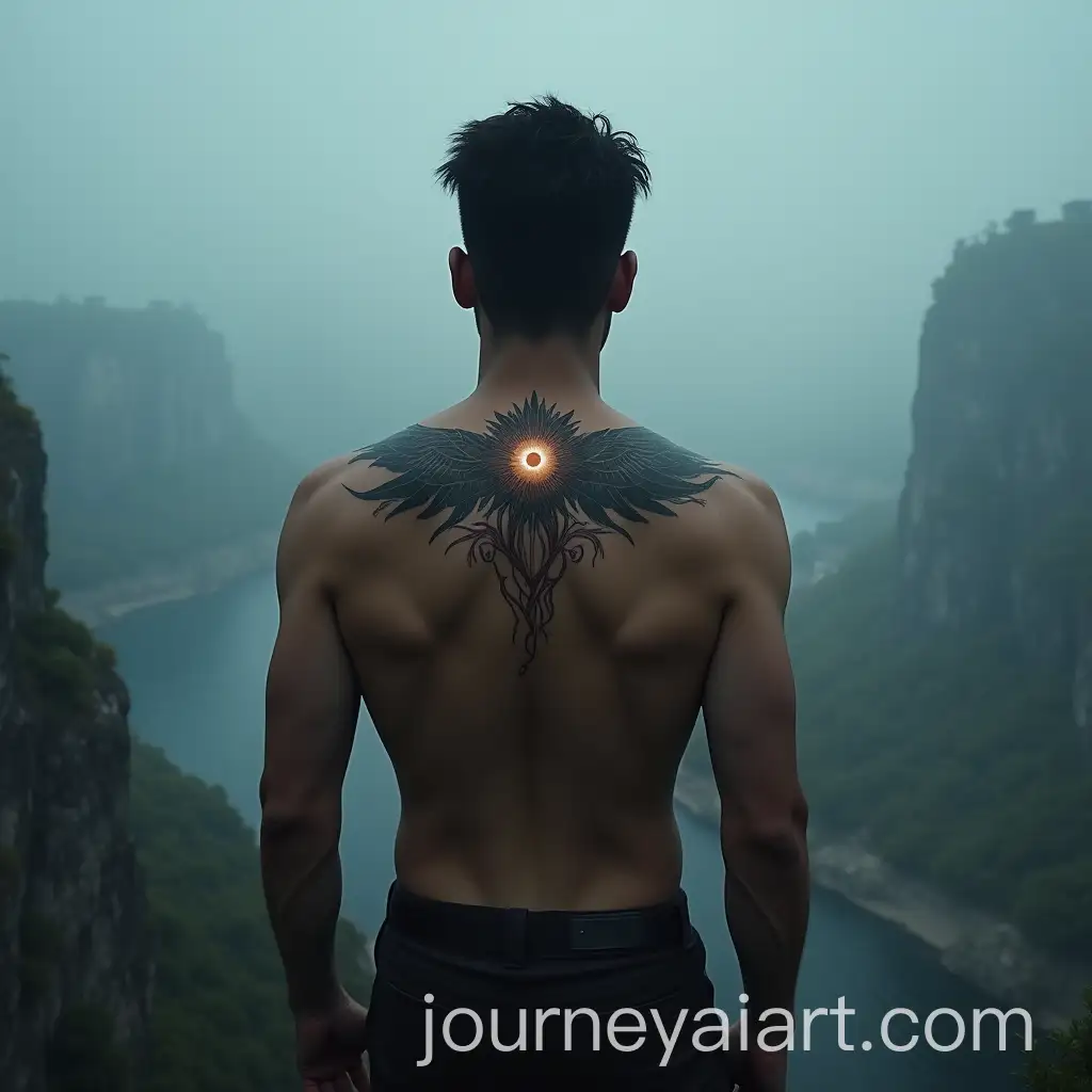 BareChested-Man-Standing-onAI-Image-Prompt-Expansion-Ravine-Overlooking-Foggy-City-with-Glowing-Tattoo