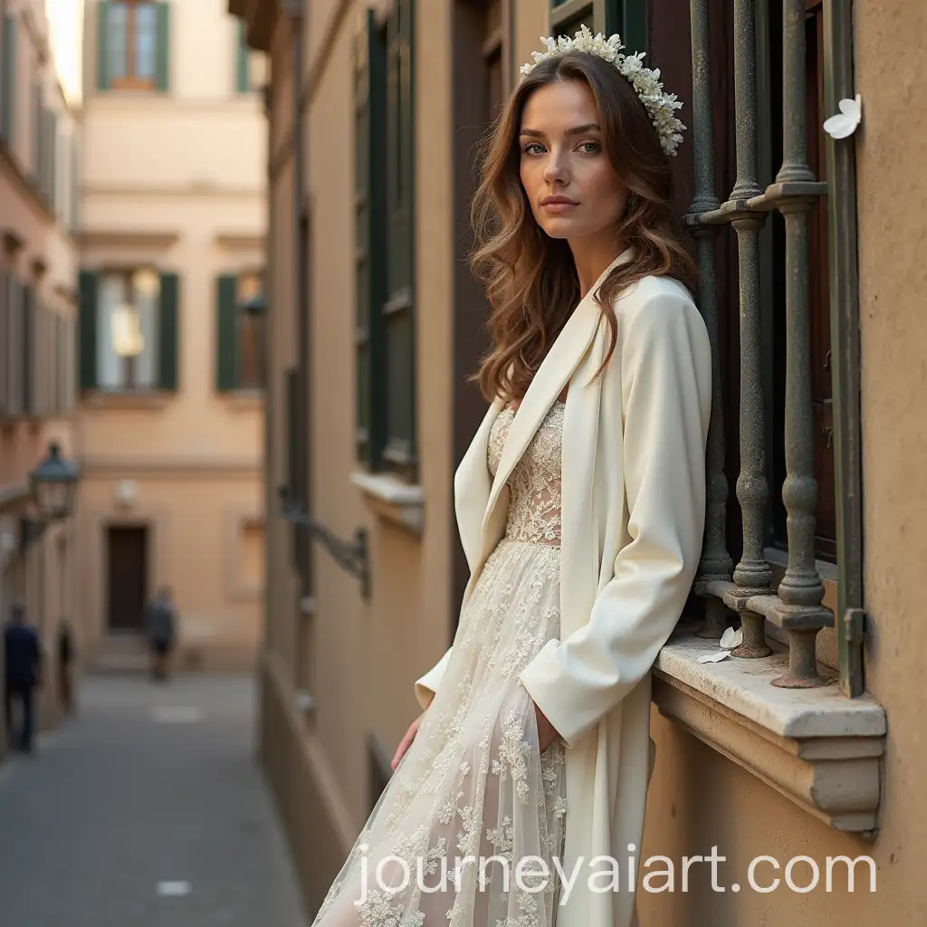 Bride-in-White-Wedding-Dress-Leaning-from-Balcony-Overlooking-Rome-Streets