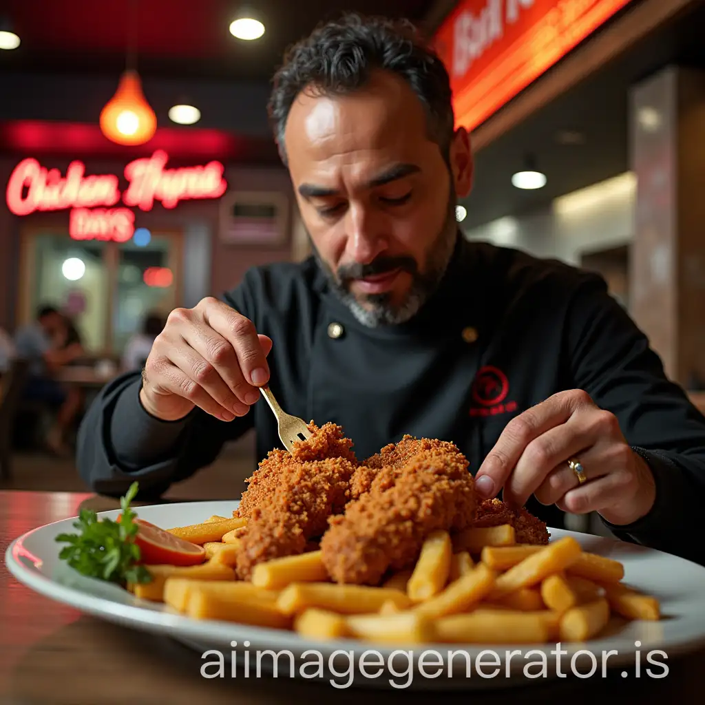 Artist Adel Emam eating from Chicken Days restaurant with the name of the restaurant appearing